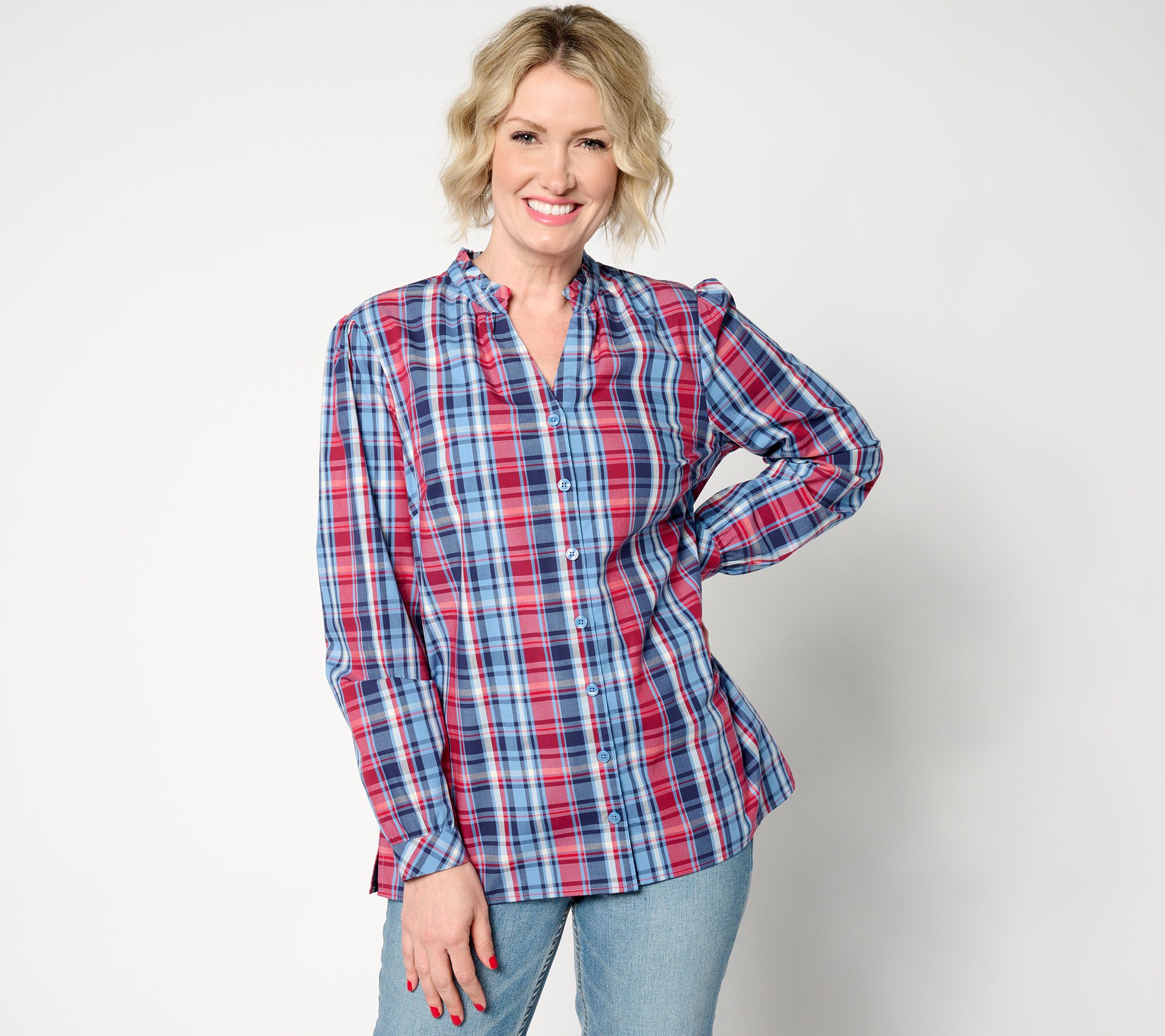 Joan Rivers Plaid Button Front Blouse with Ruffle Detail
