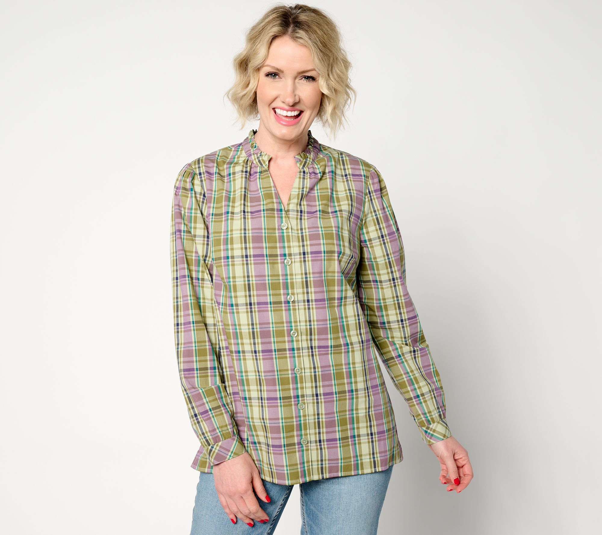Joan Rivers Plaid Button Front Blouse with Ruffle Detail