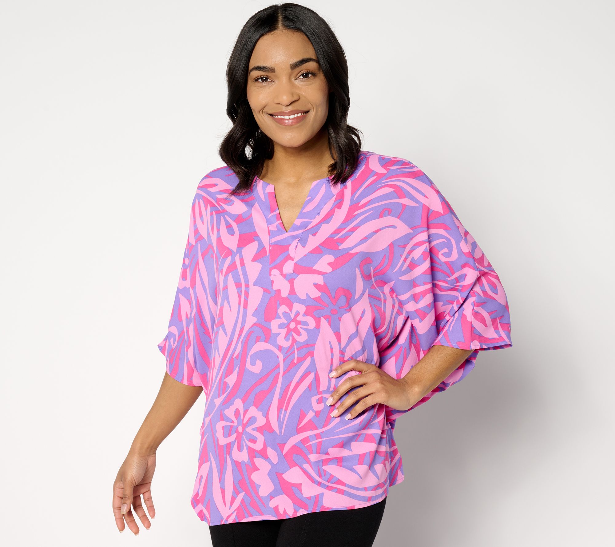 "As Is" Belle by Kim Gravel Flirty Floral Split Neck Poncho