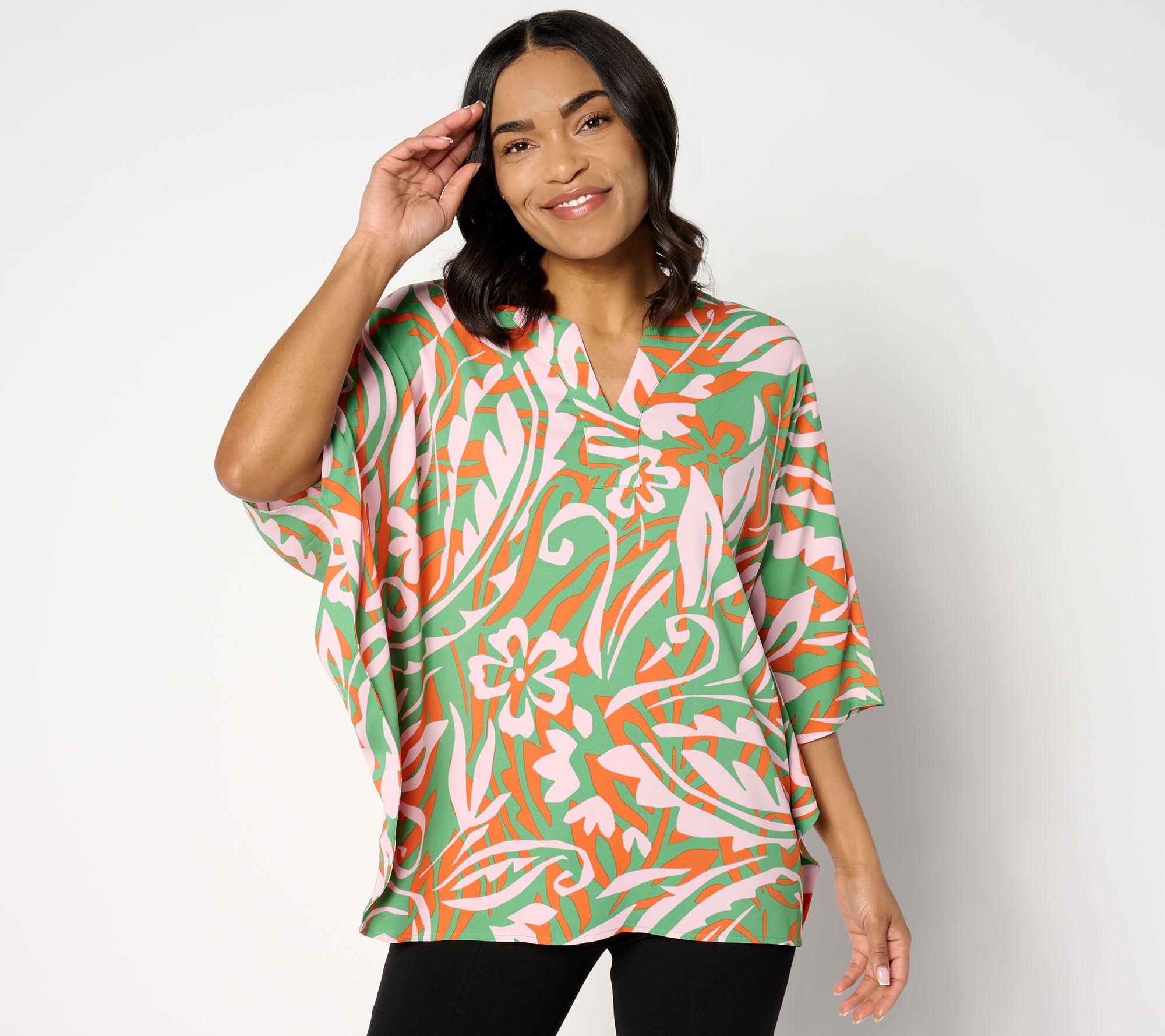 "As Is" Belle by Kim Gravel Flirty Floral Split Neck Poncho