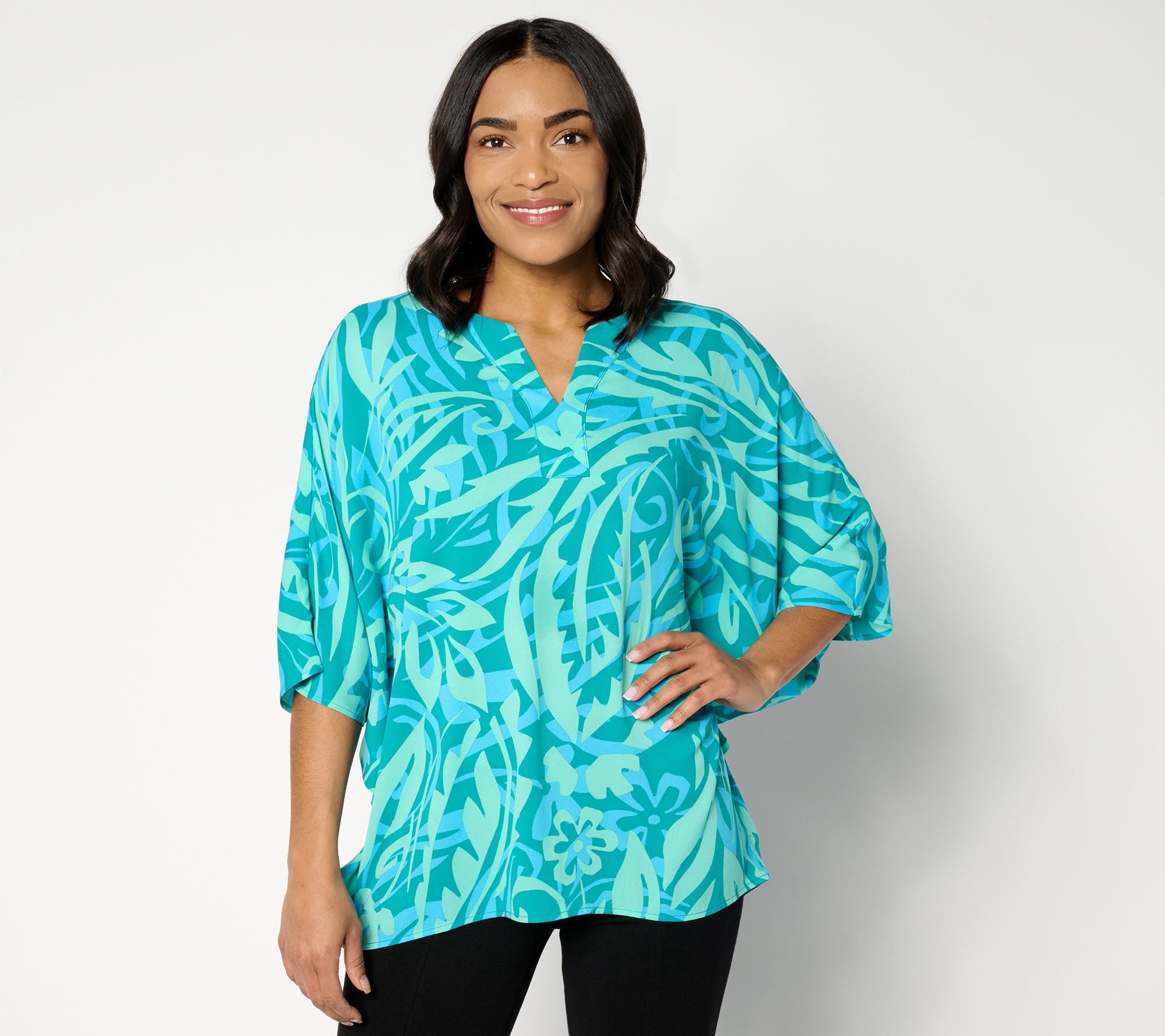 "As Is" Belle by Kim Gravel Flirty Floral Split Neck Poncho