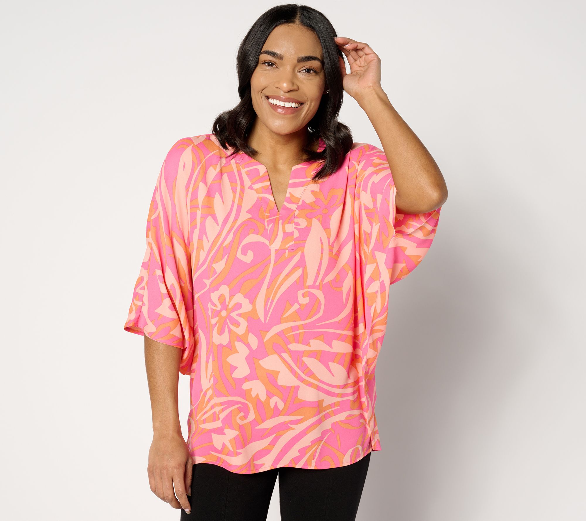 "As Is" Belle by Kim Gravel Flirty Floral Split Neck Poncho