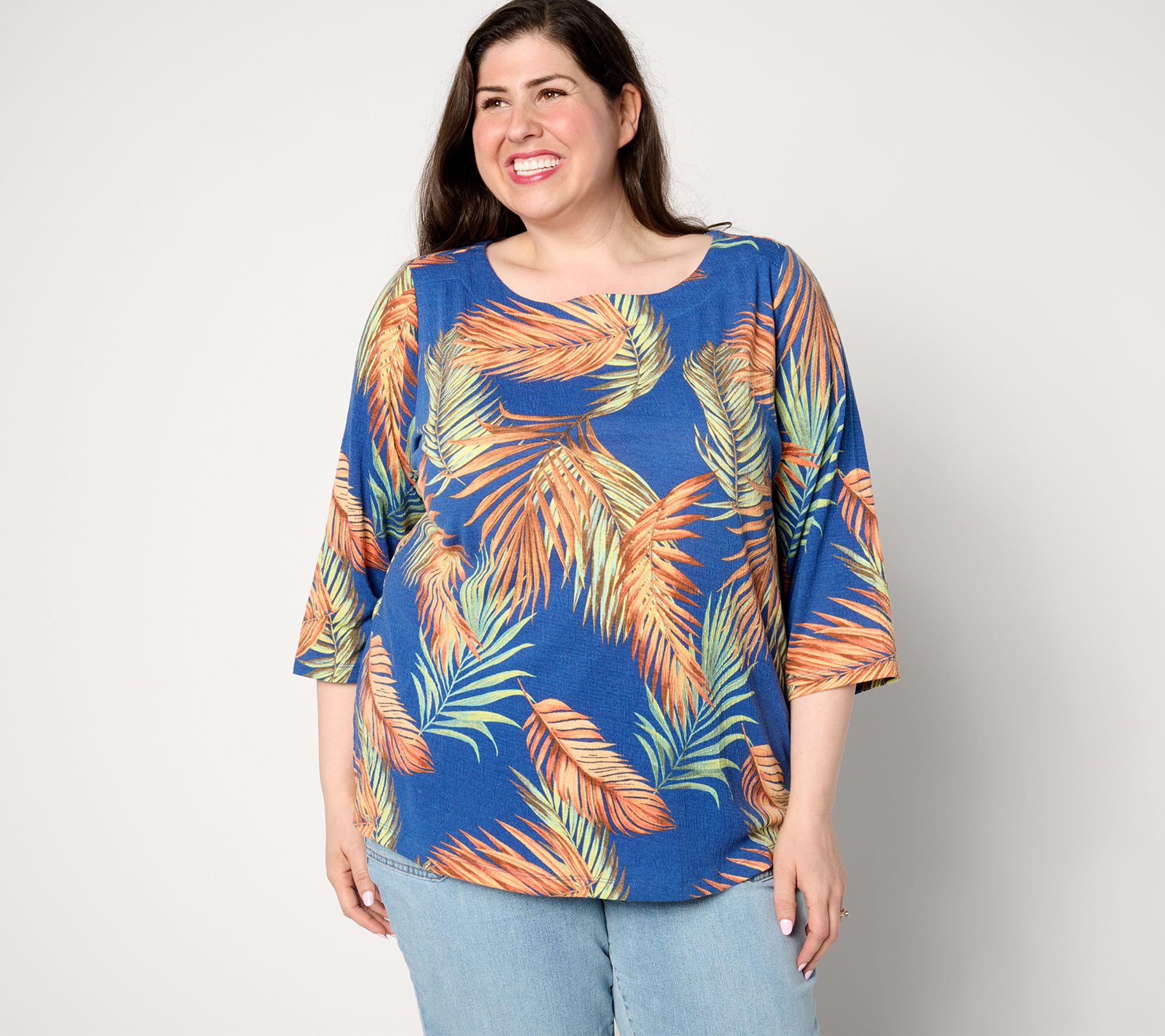 "As Is" Denim & Co. By the Beach Printed Knit Gauze Boat Neck Top