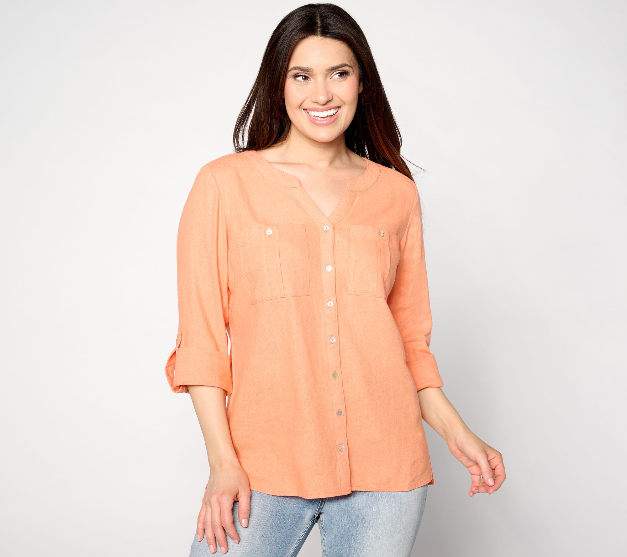 "As Is" Denim & Co. Naturals Linen Blend Utility Pocket Button Shirt
