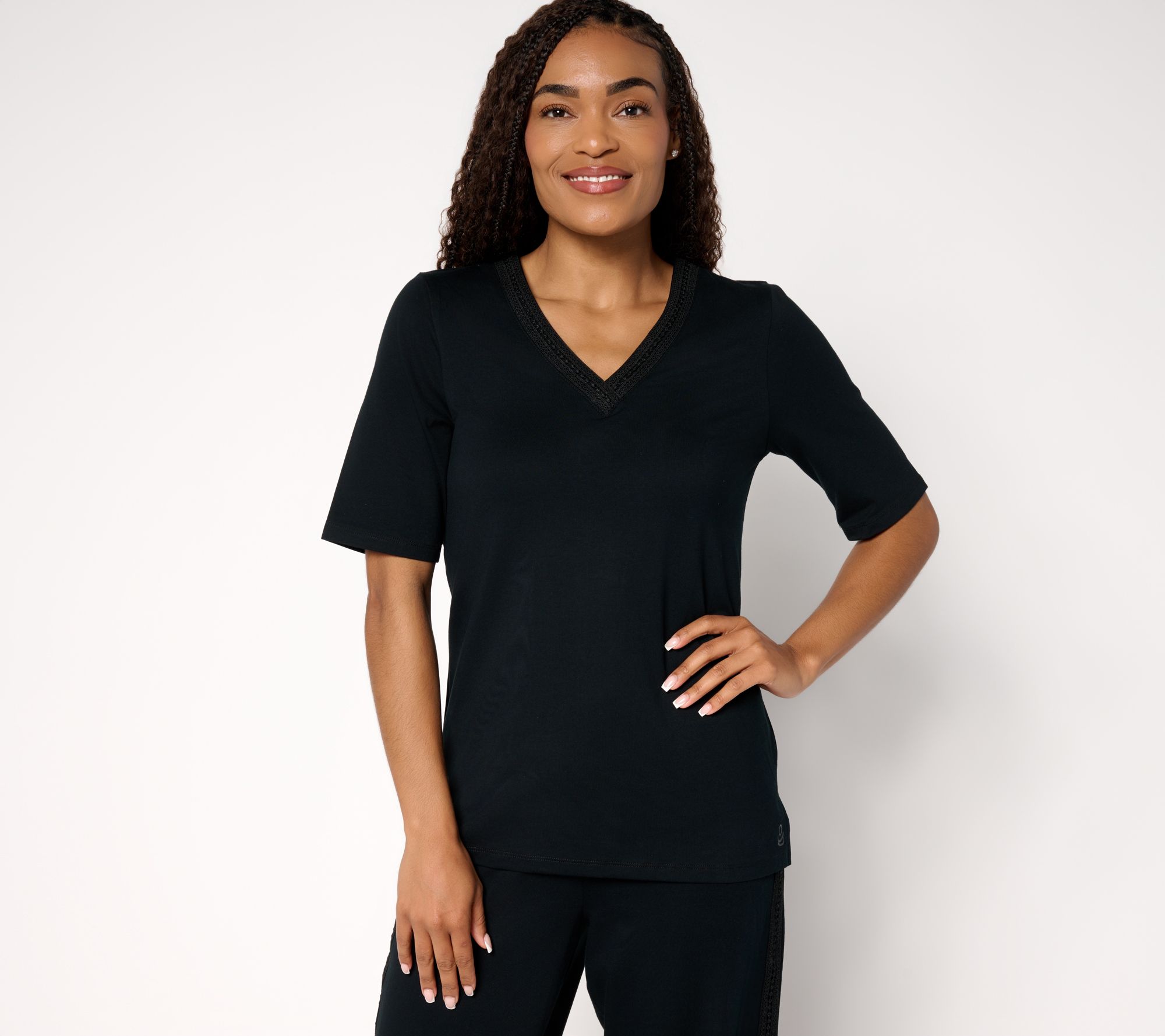 Cuddl Duds Cottonwear+ V-Neck Crochet Trim Tee