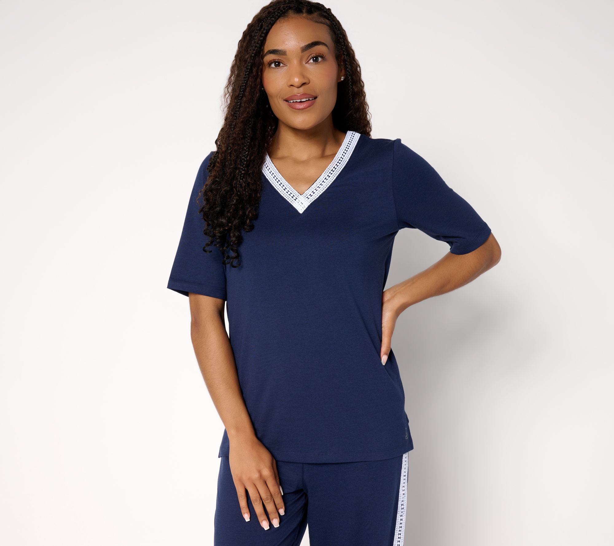 Cuddl Duds Cottonwear+ V-Neck Crochet Trim Tee