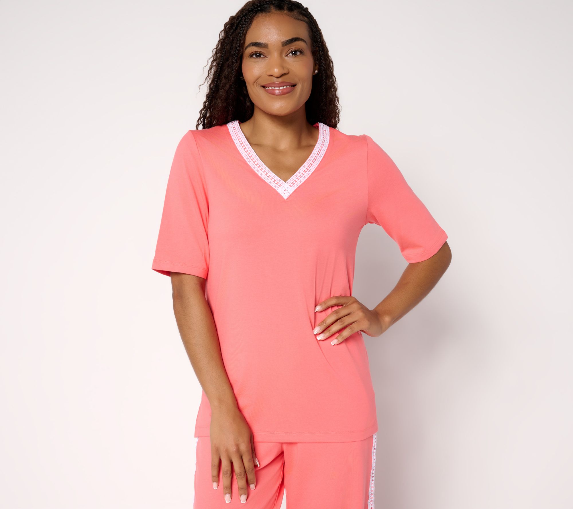 Cuddl Duds Cottonwear+ V-Neck Crochet Trim Tee