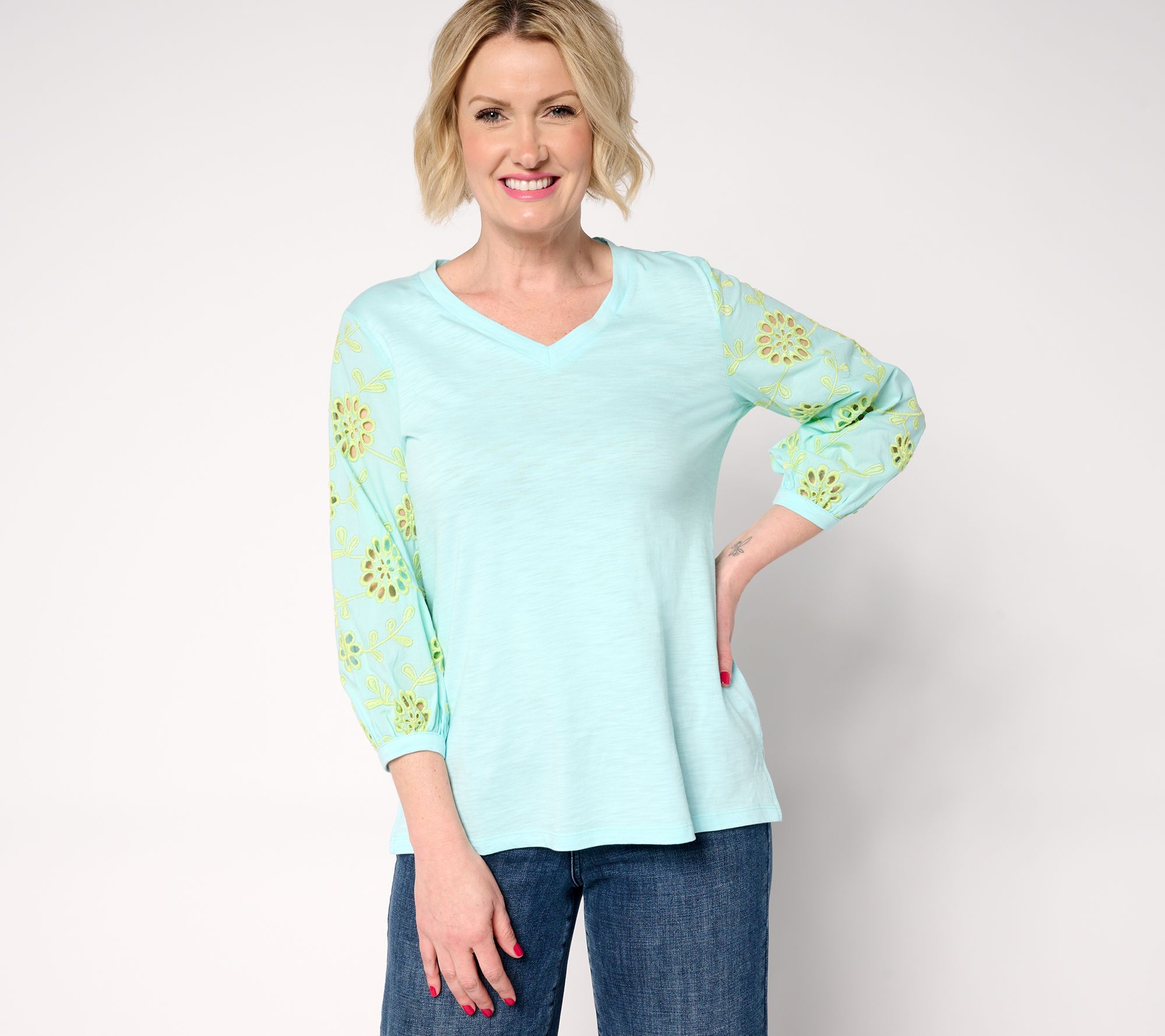 Belle by Kim Gravel Slub Knit Contrast Eyelet Sleeve Top