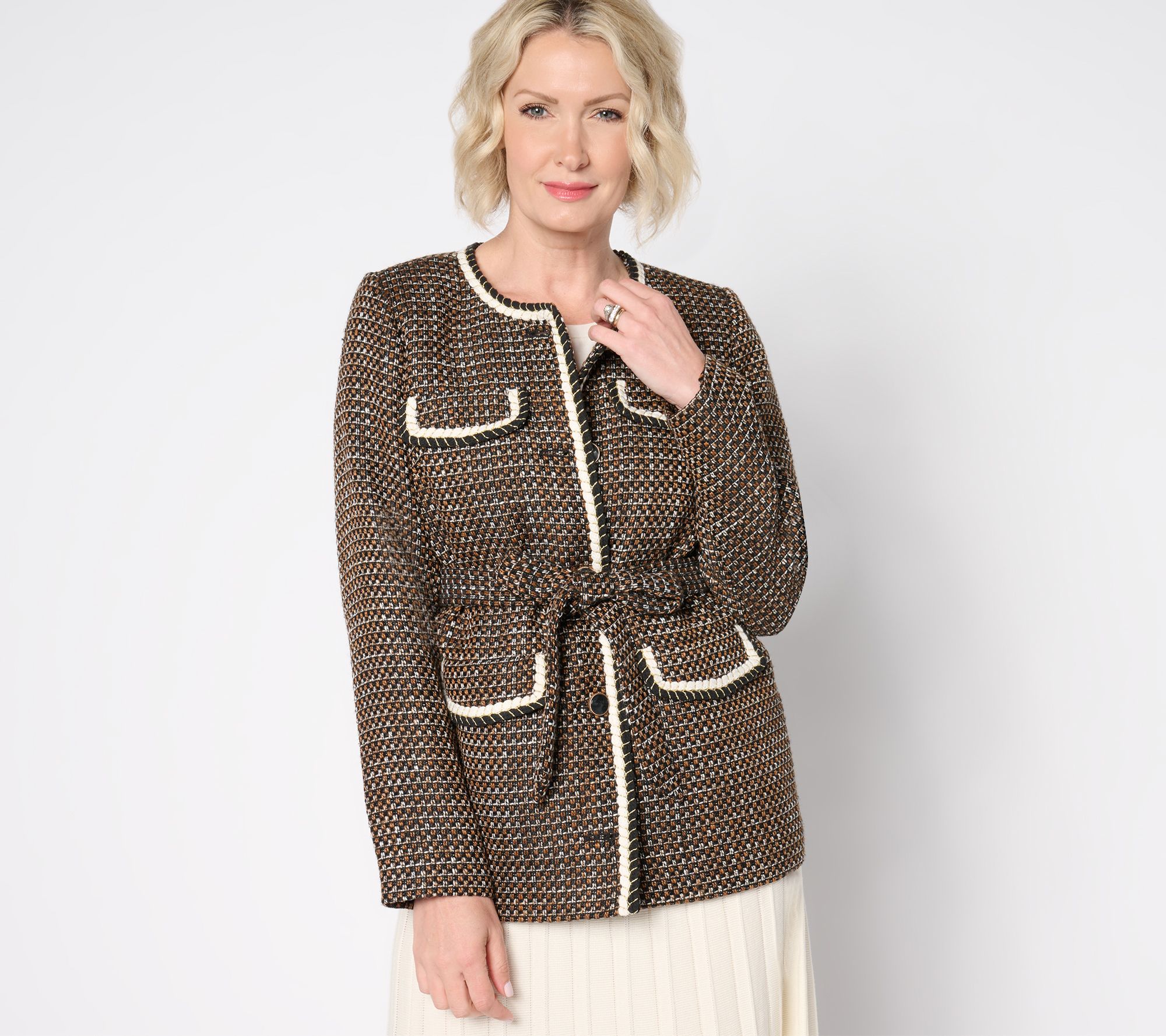 "As Is" Isaac Mizrahi Live! Petite Woven Tweed Jacket w/ Self Tie Belt