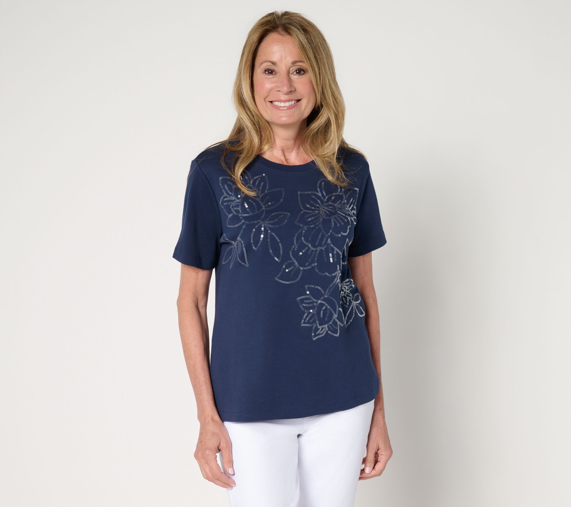 Isaac Mizrahi Live! Easy Fit Cotton Crew Neck Sequin T-Shirt