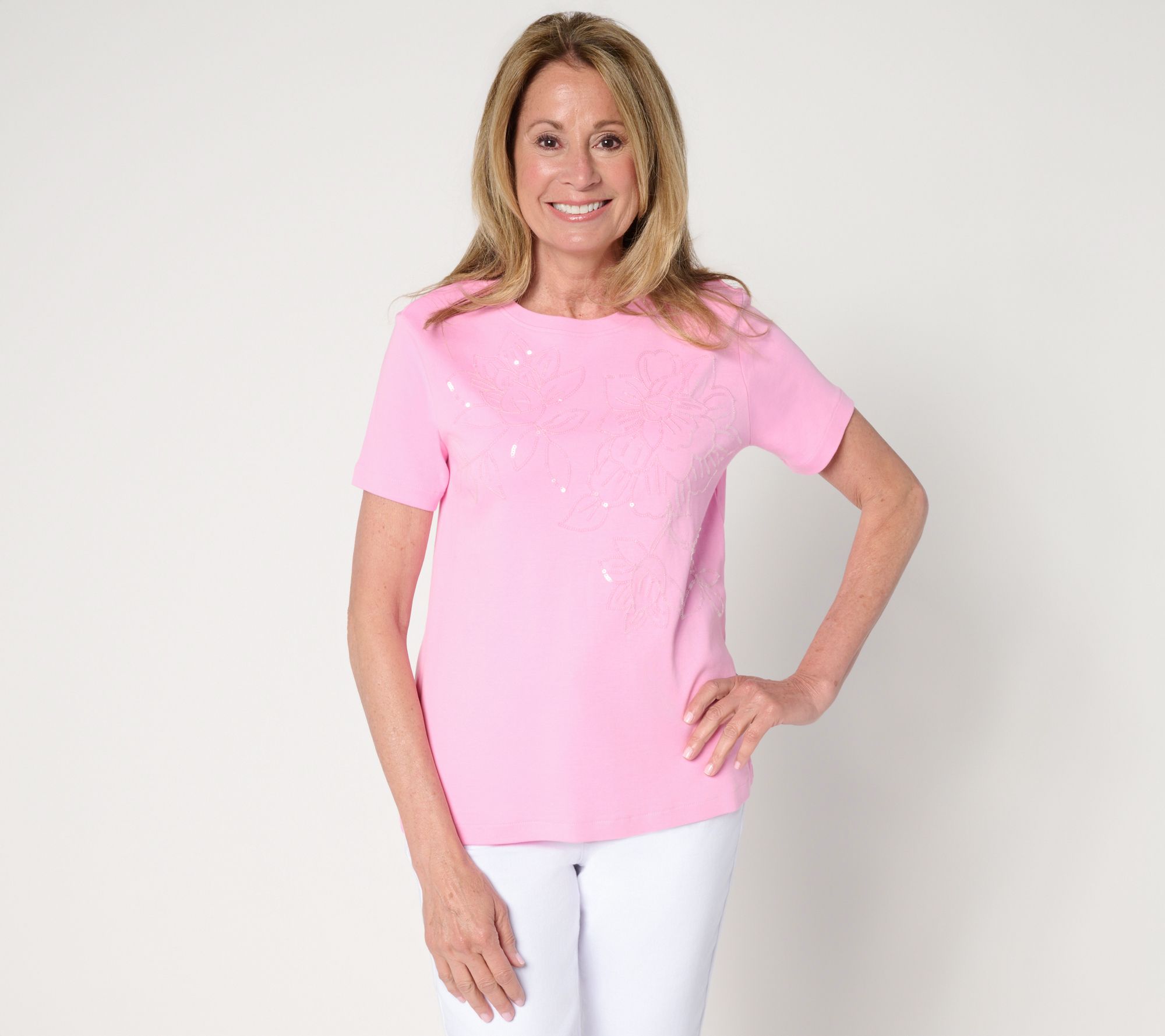 Isaac Mizrahi Live! Easy Fit Cotton Crew Neck Sequin T-Shirt