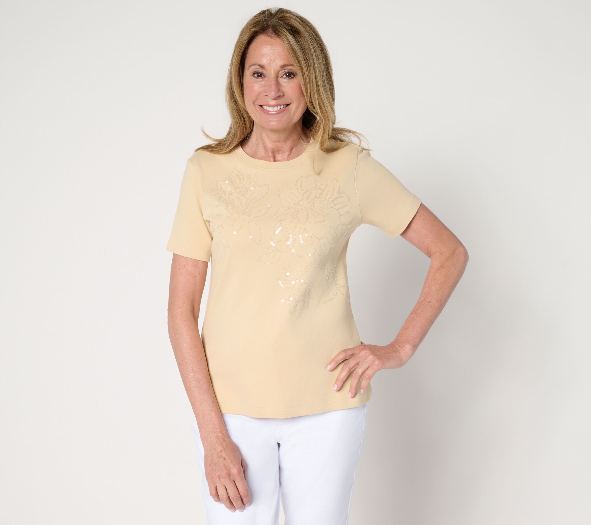 Isaac Mizrahi Live! Easy Fit Cotton Crew Neck Sequin T-Shirt