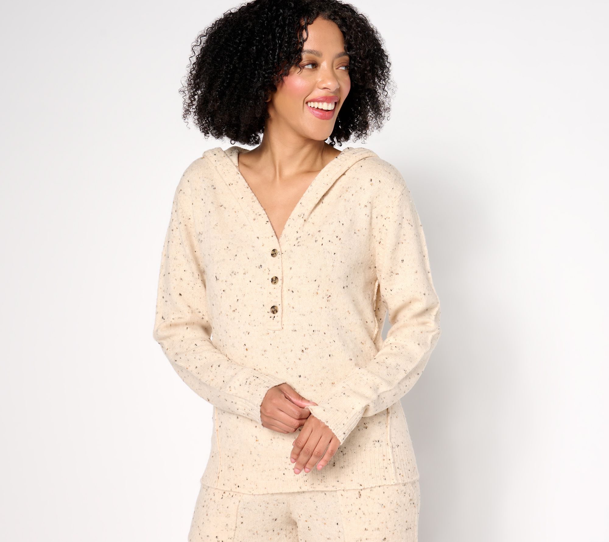 "As Is" AnyBody Flecked Sweater Henley Pullover with Hood