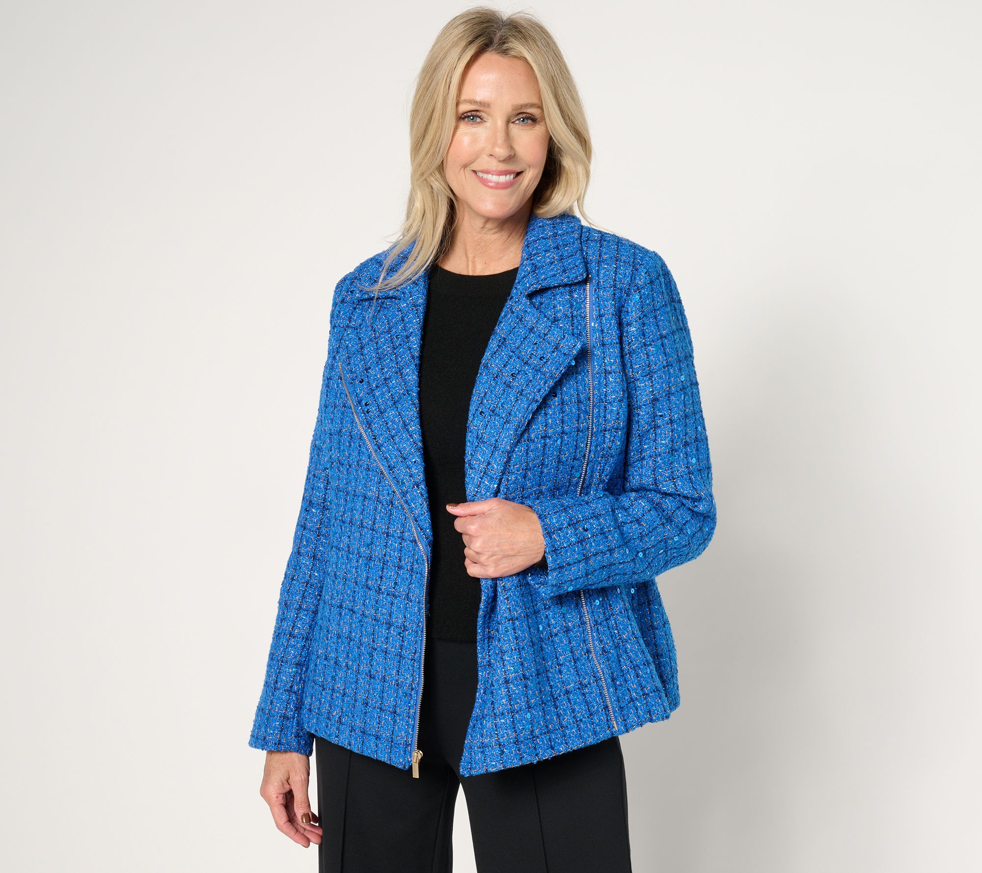 "As Is" GRAVER Susan Graver Sequin Tweed Long Sleeve Moto Jacket