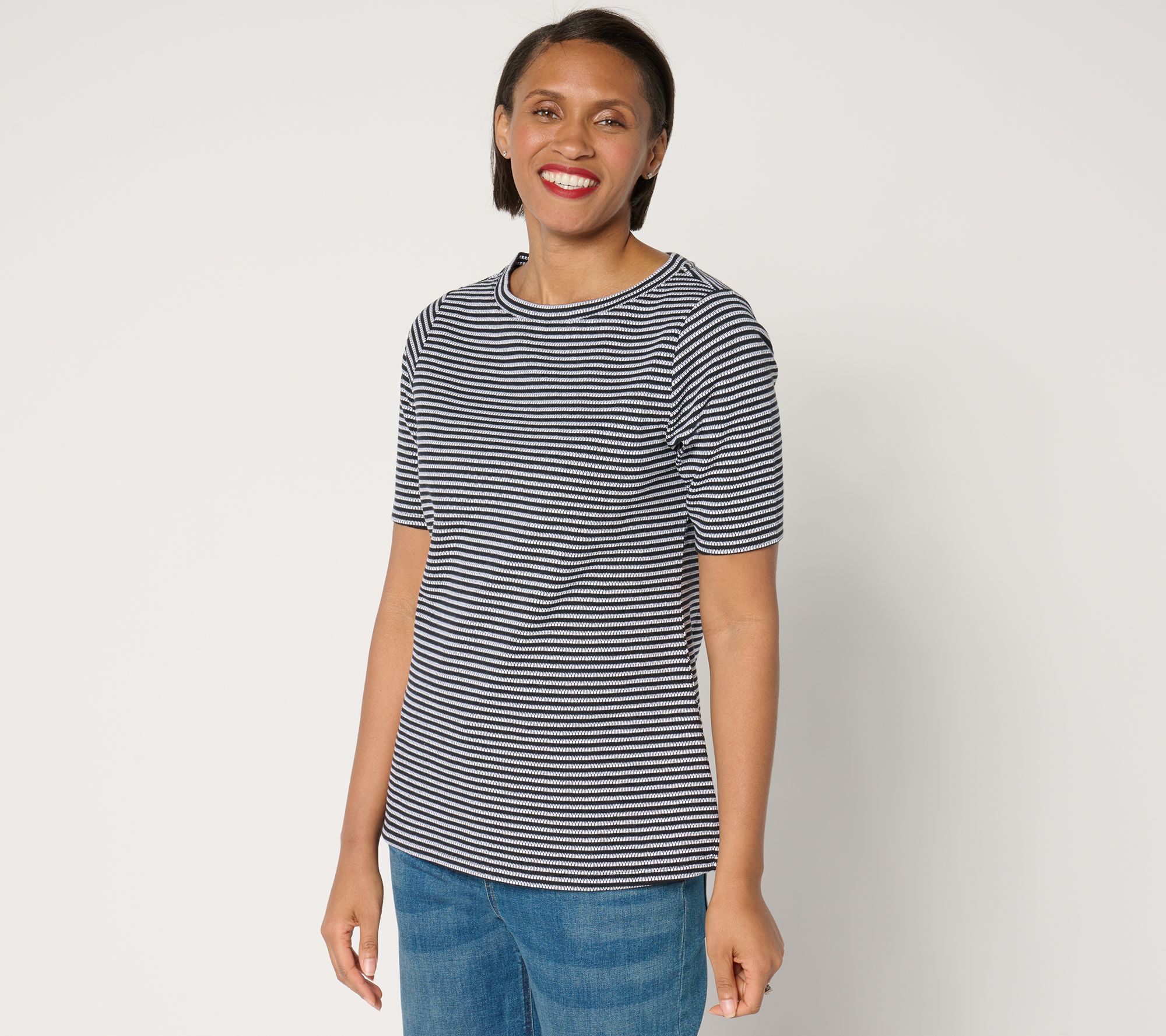 "As Is" Joan Rivers Novelty Knit Elbow Sleeve Stripe Top