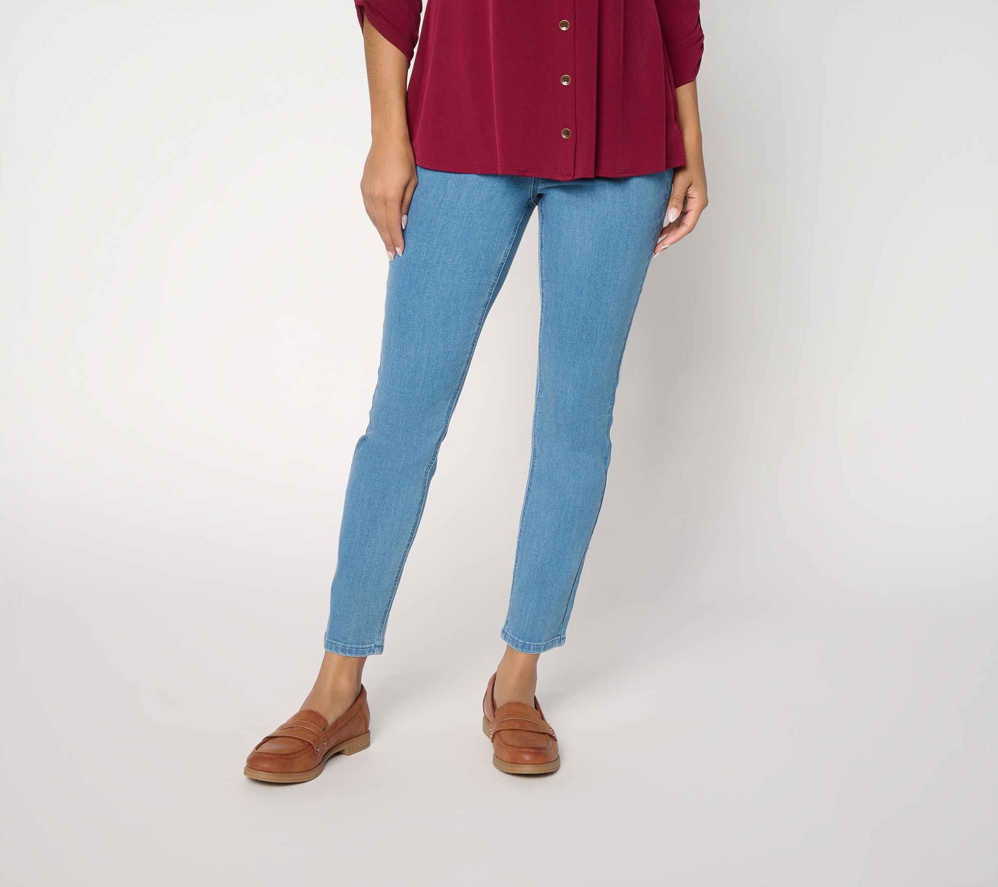 Susan Graver Petite Stretch Denim Slim Leg Ankle Jean with Hem Detail