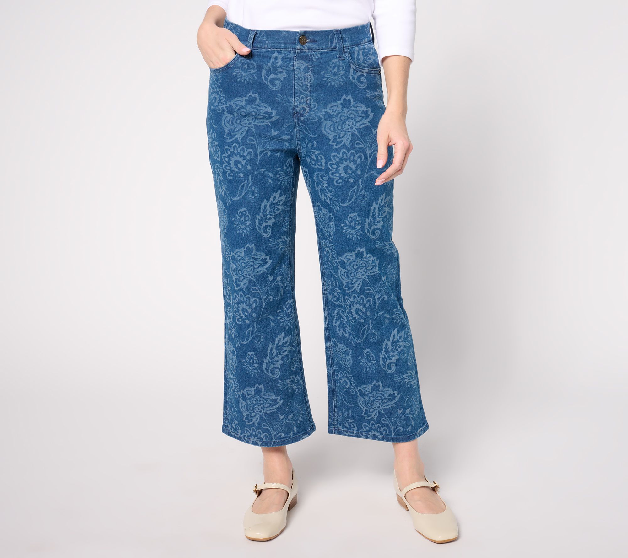 "As Is" Denim & Co. Petite Laser Printed Wide Leg Denim Crop Jean