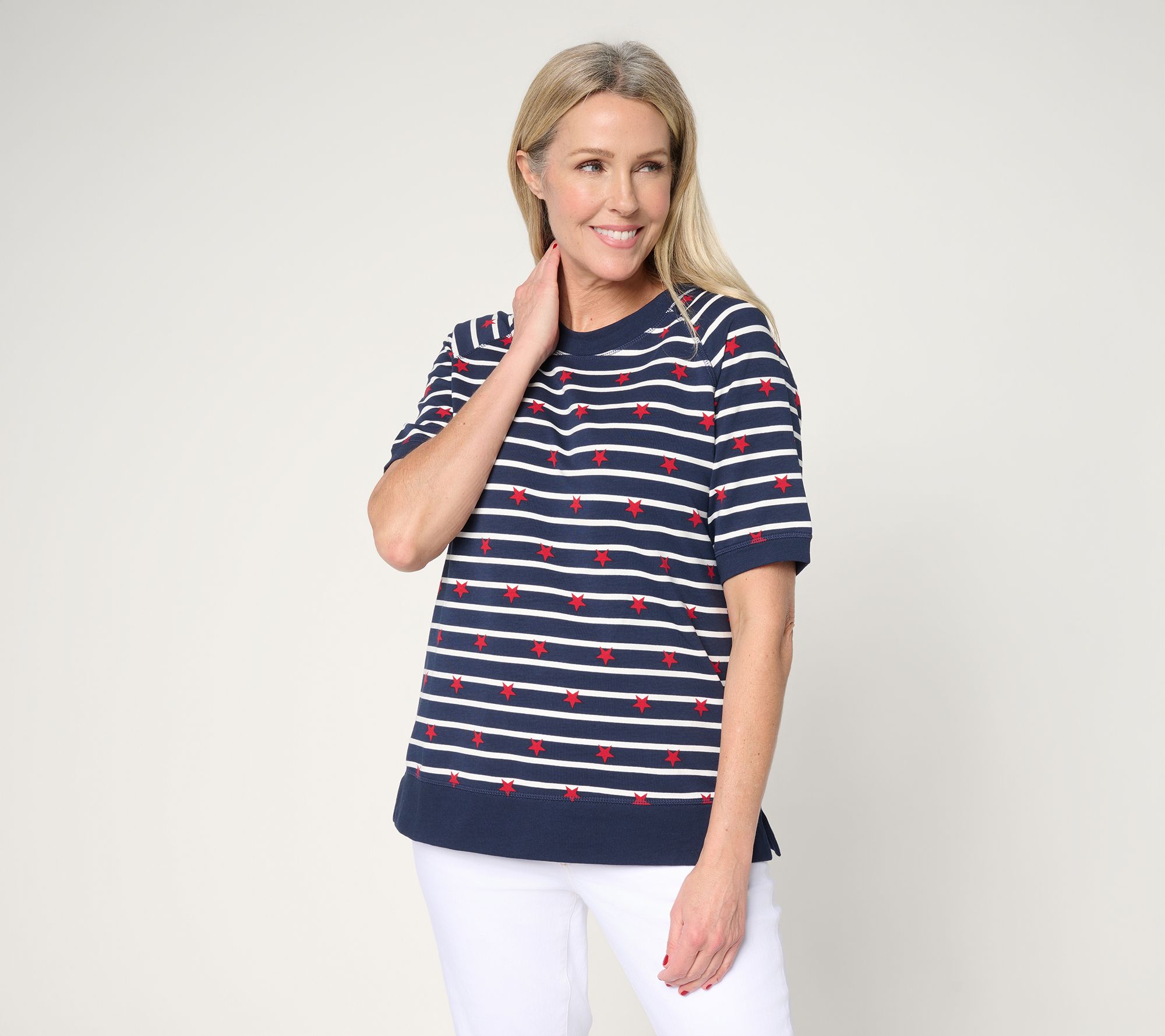 Belle by Kim Gravel French Terry Stars Short Sleeved Striped Top