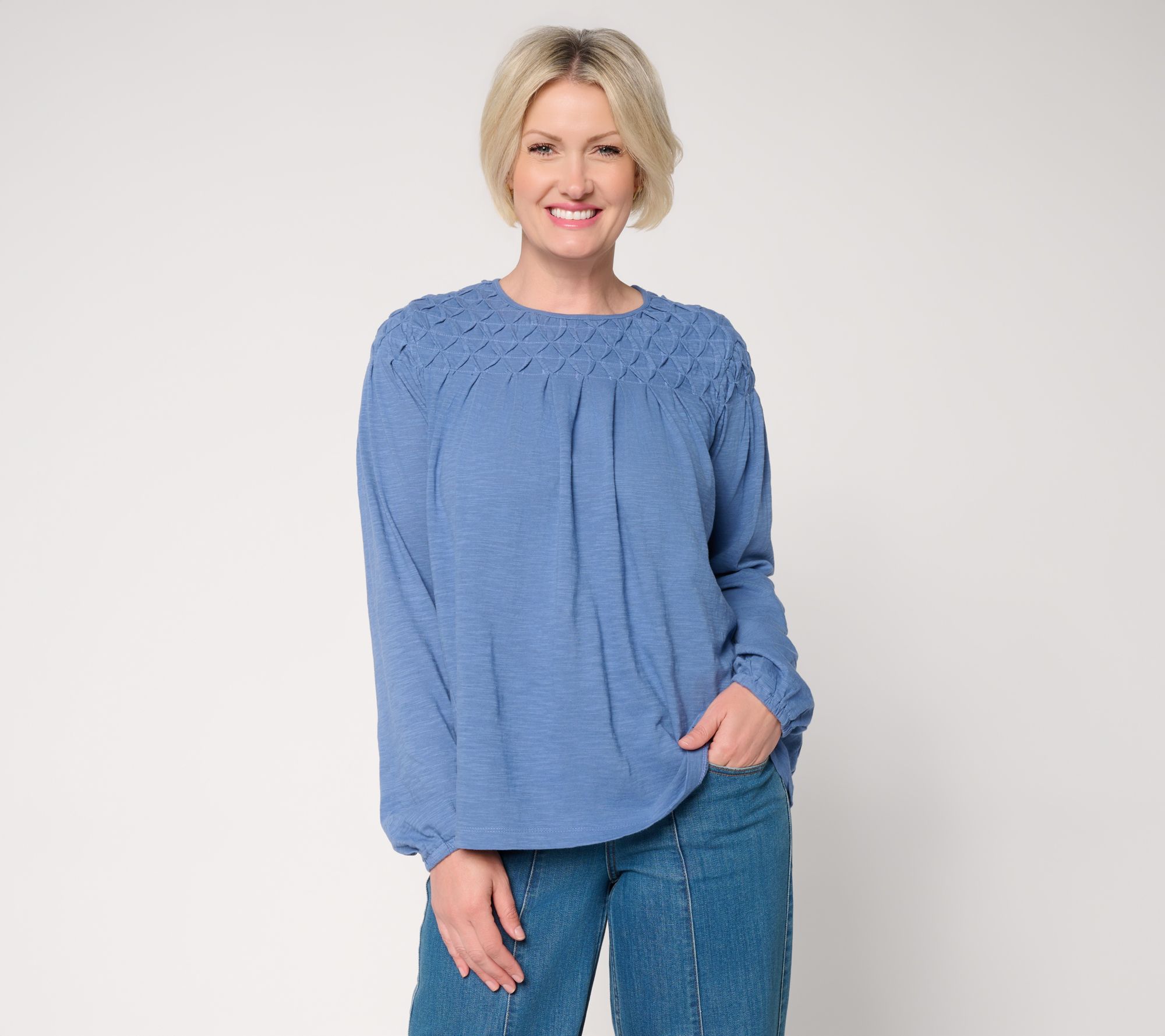 LOGO by Lori Goldstein 100% Cotton Pintuck Detail Long Sleeve Top