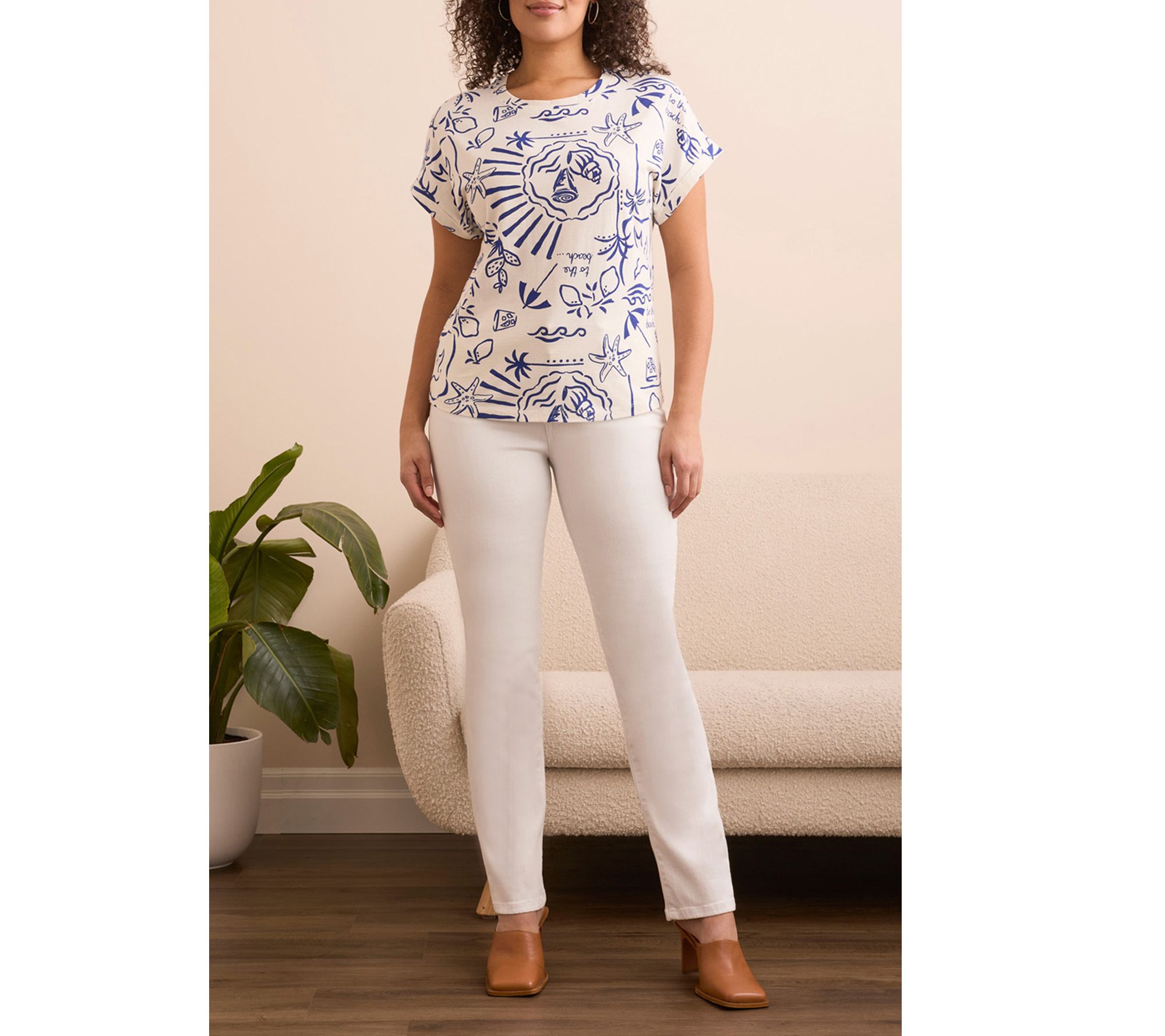 Tribal Printed Soft Touch Cap Sleeve Crew NeckT-Shirt