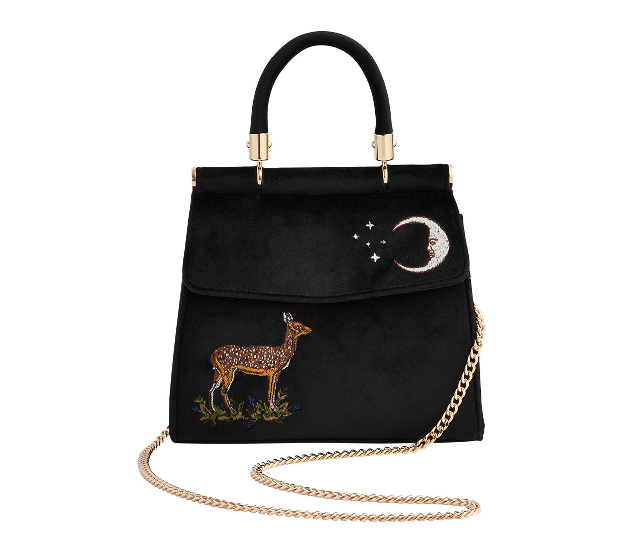 Fable England Embroidered Velvet Mini Black Tote Deer Moon