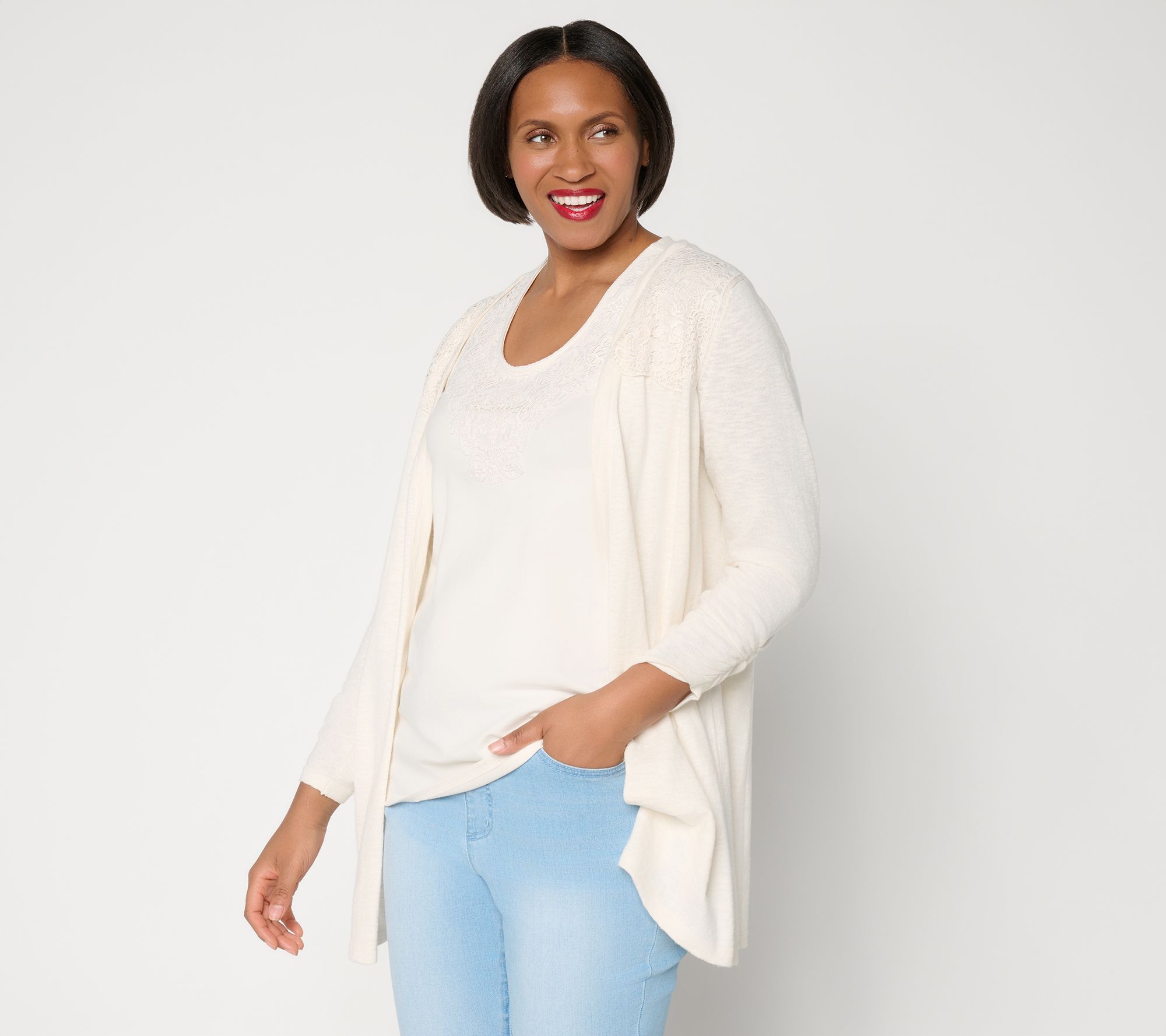 Ree by the Pioneer Woman Petite Lace Shoulder Knit Cardigan