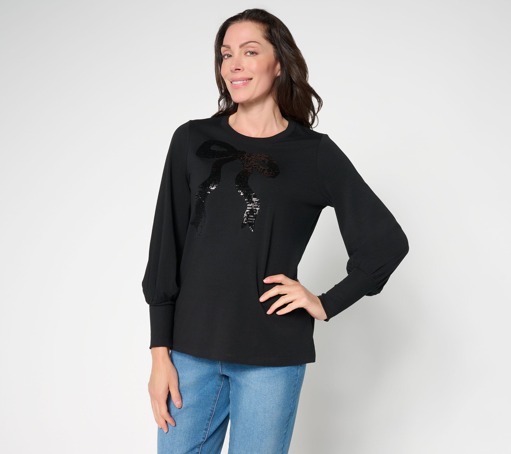 "As Is" Jingle Belles by Kim Gravel TripleLuxe Knit Bow Sequin Top