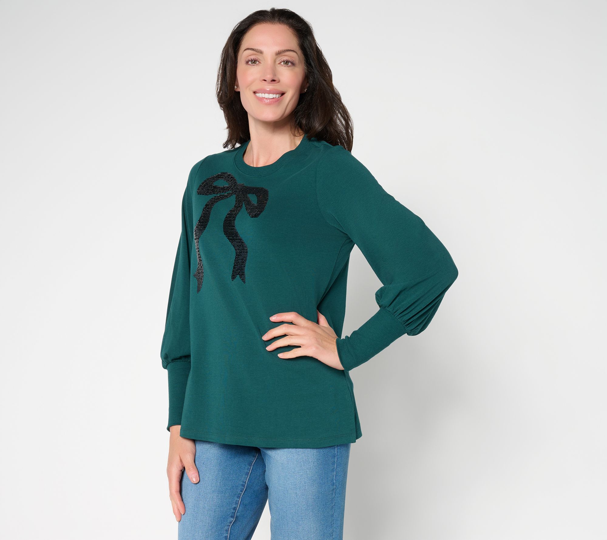 "As Is" Jingle Belles by Kim Gravel TripleLuxe Knit Bow Sequin Top
