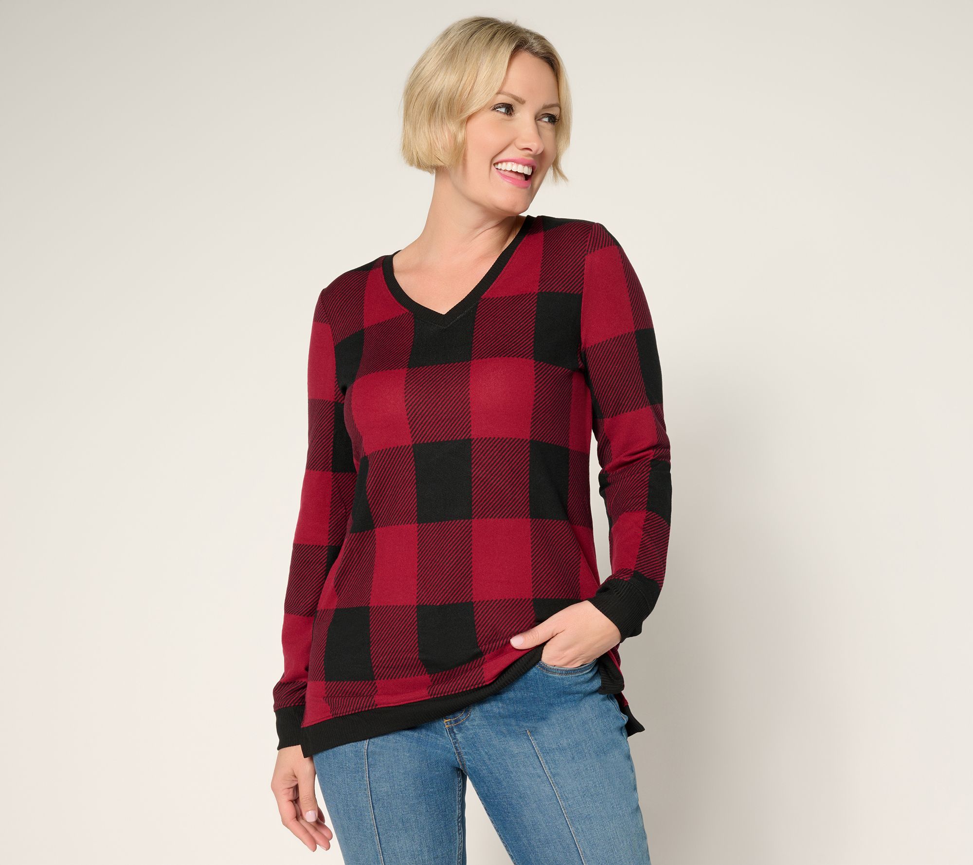 "As Is" Denim & Co. Petite Buffalo Plaid Heavenly Jersey Tunic