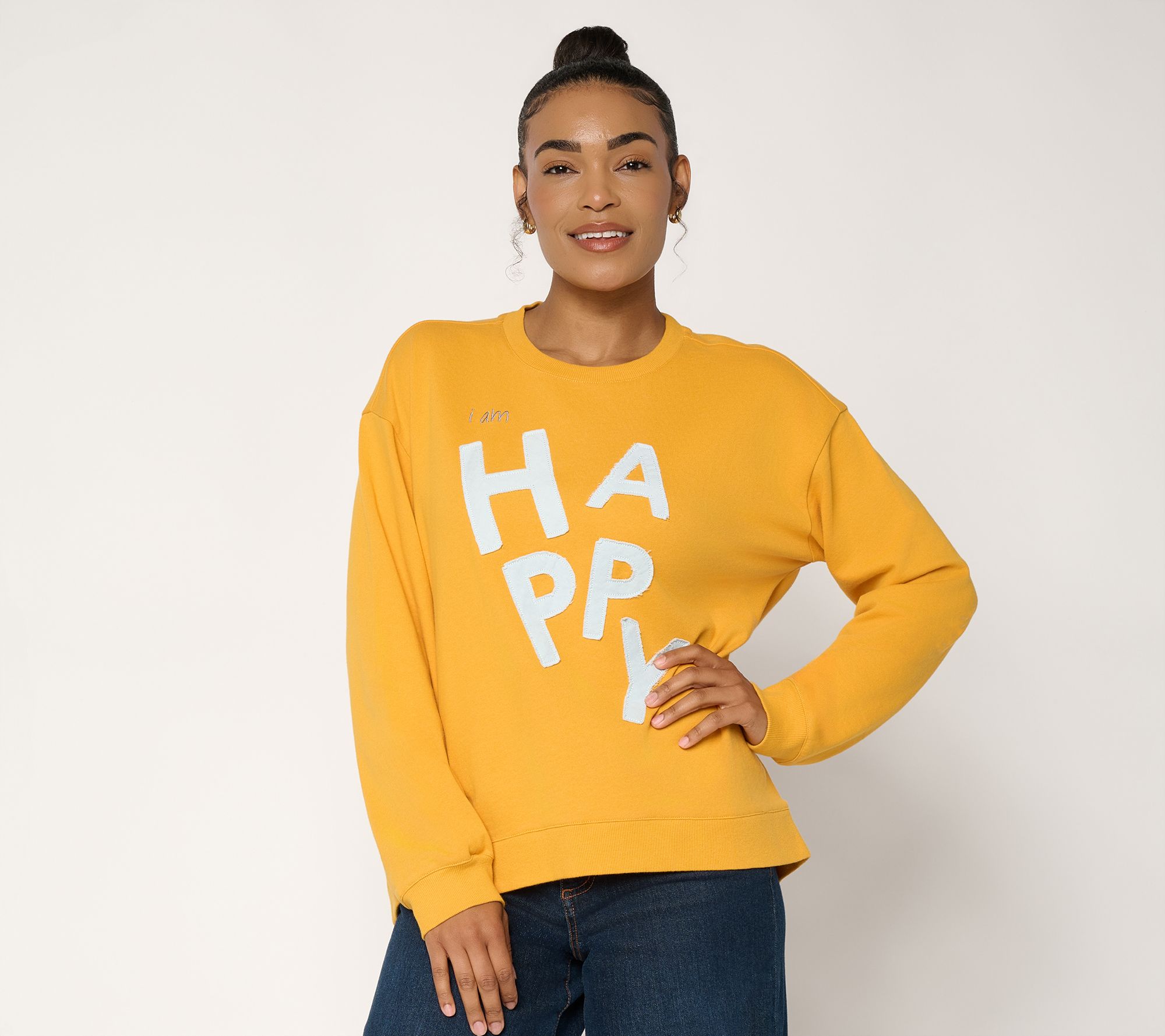  Peace Love World French Terry Crew Neck Sweatshirt with Denim Applique