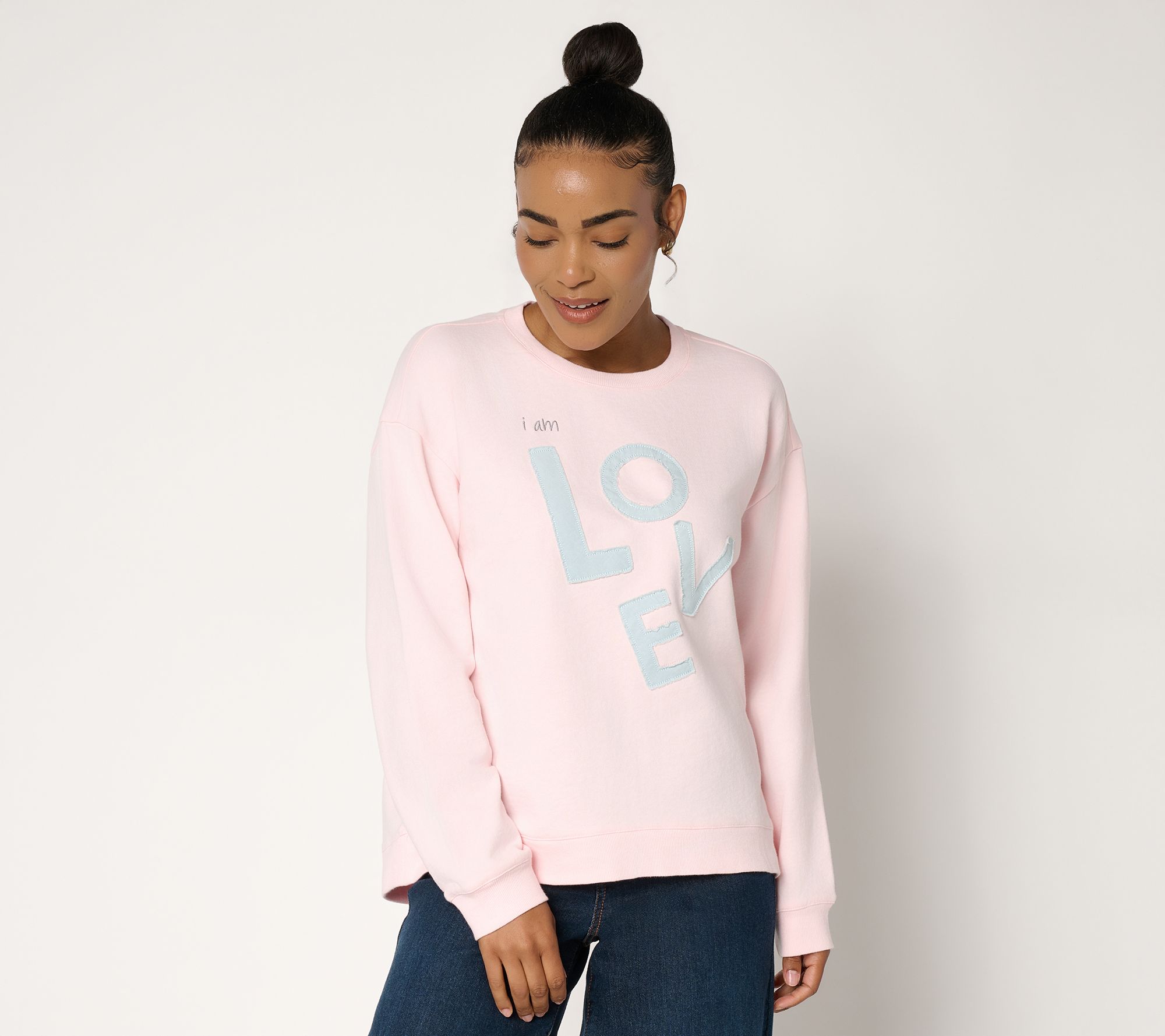 Peace Love World French Terry Crew Neck Sweatshirt with Denim Applique