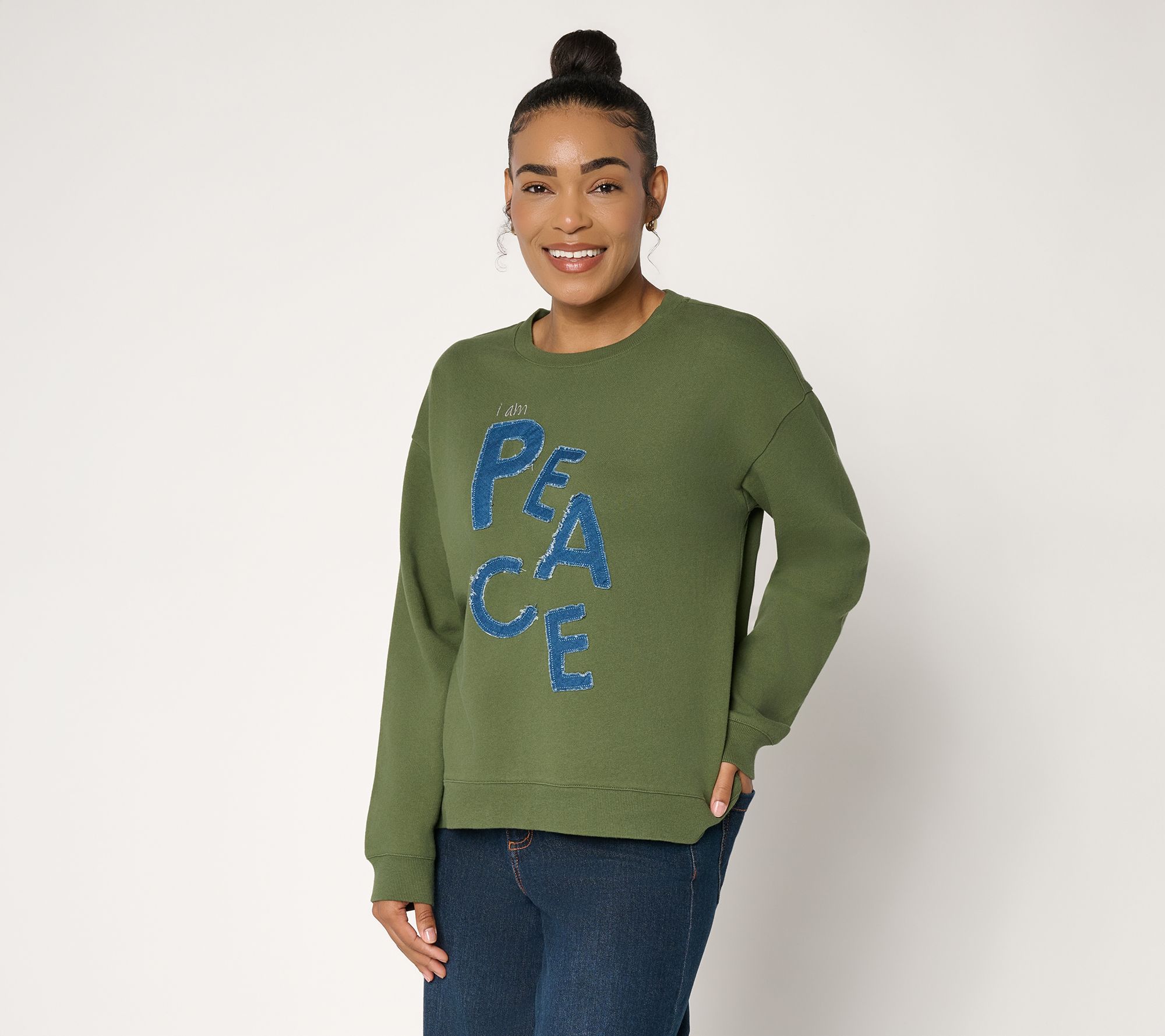 Peace Love World French Terry Crew Neck Sweatshirt with Denim Applique