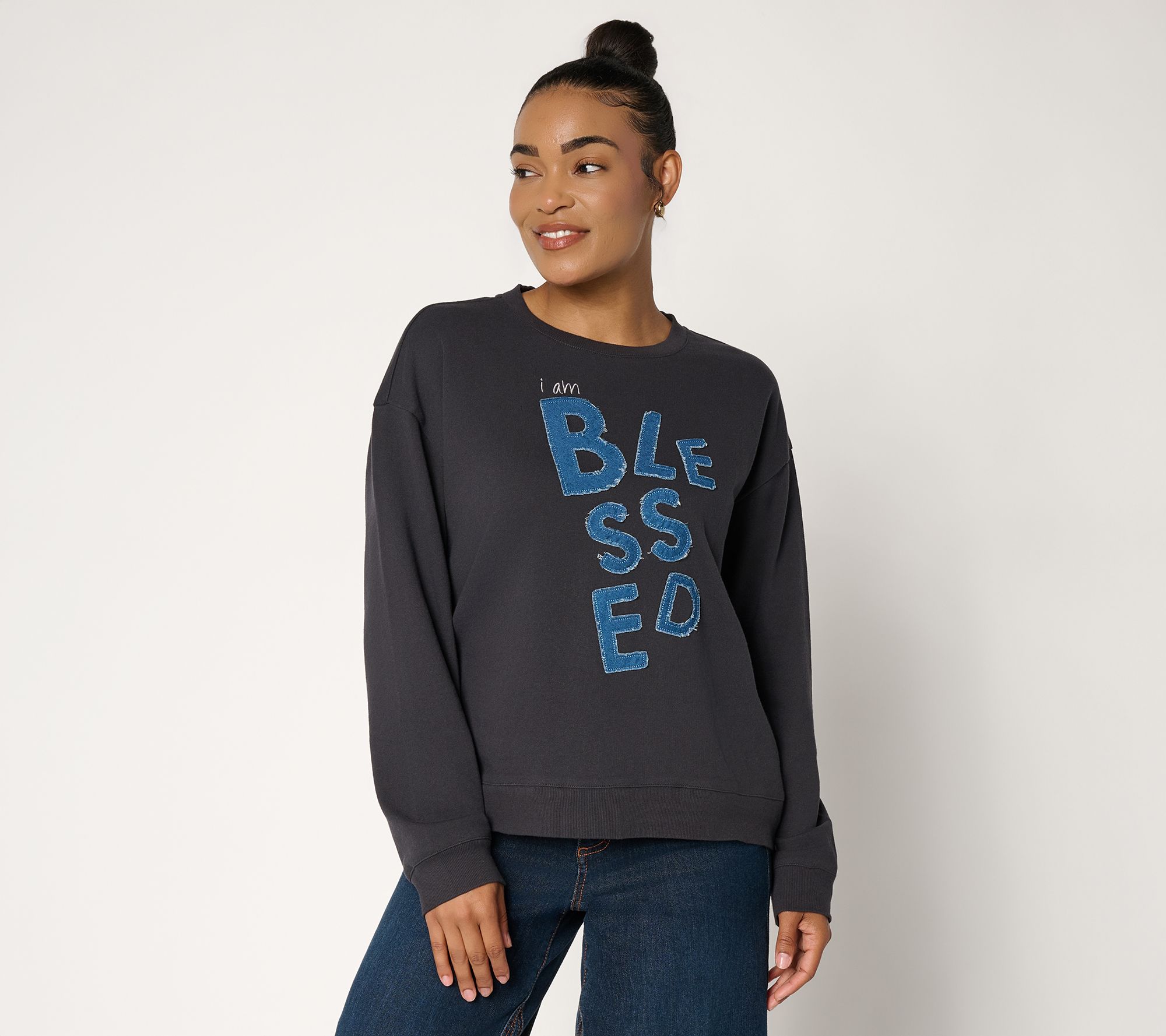 Peace Love World French Terry Crew Neck Sweatshirt with Denim Applique
