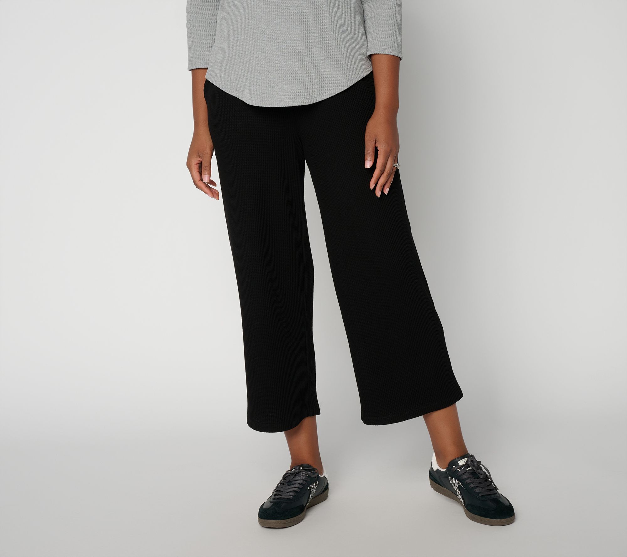  Susan Graver Weekend Regular Brushed Waffle Knit Wide Leg Crop Pants