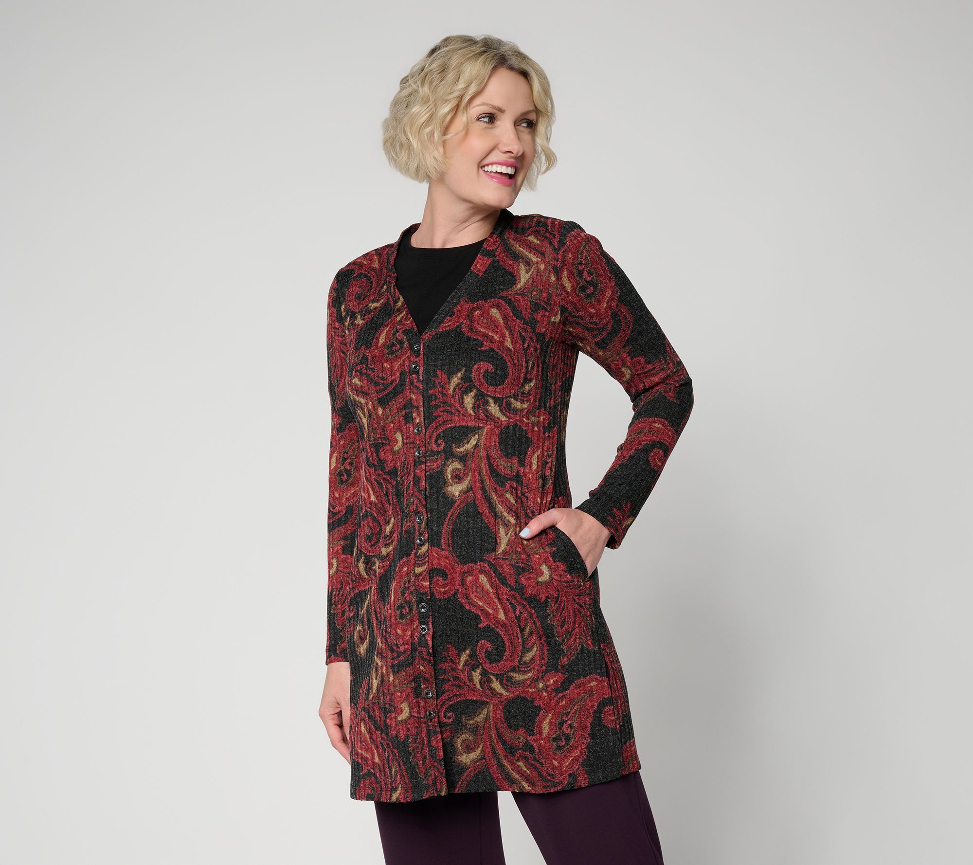 Susan Graver Petite Printed Sweater Rib Knit Button Front Duster