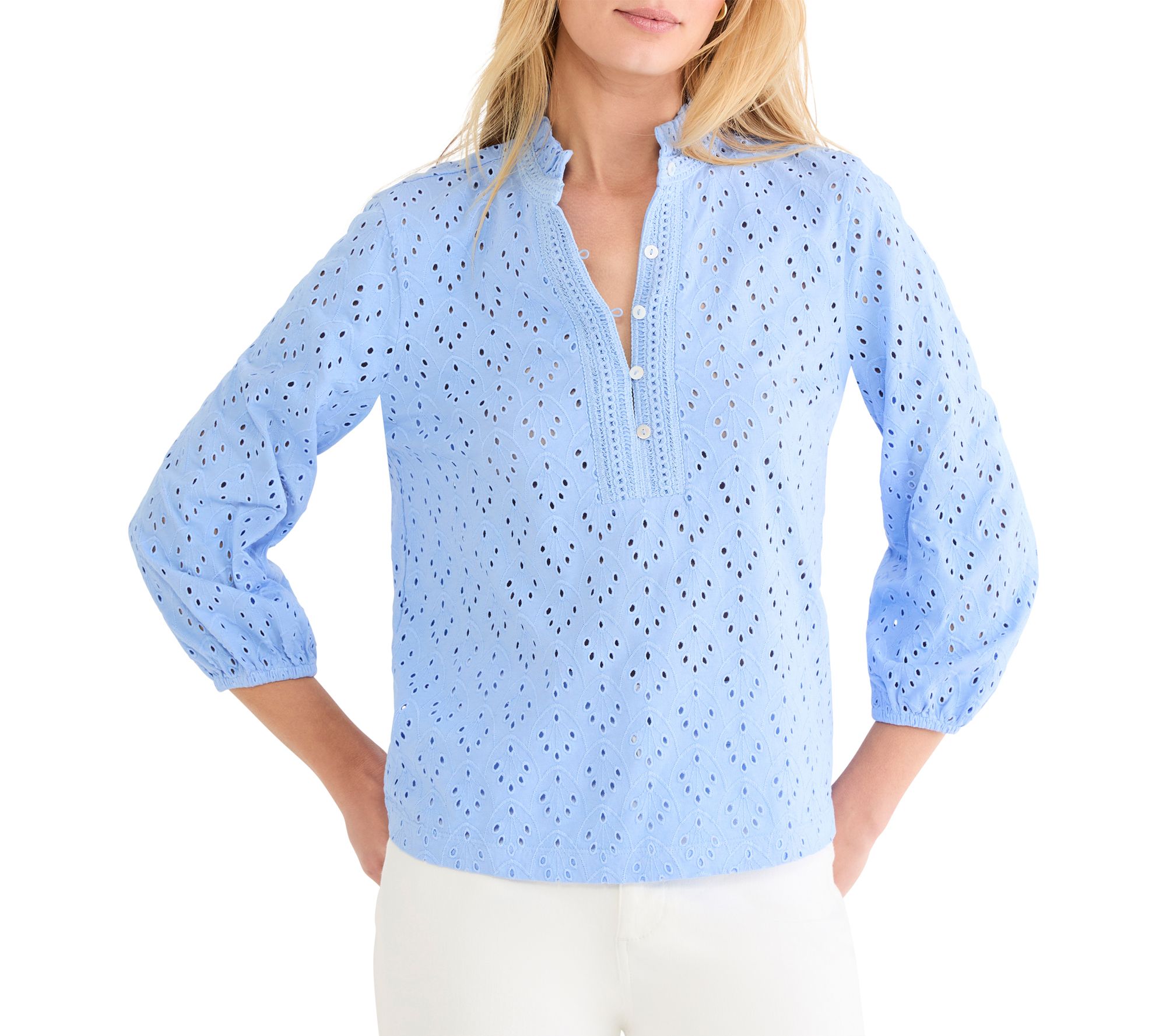 NIC+ZOE Knit Eyelet Ruffle Neck Top