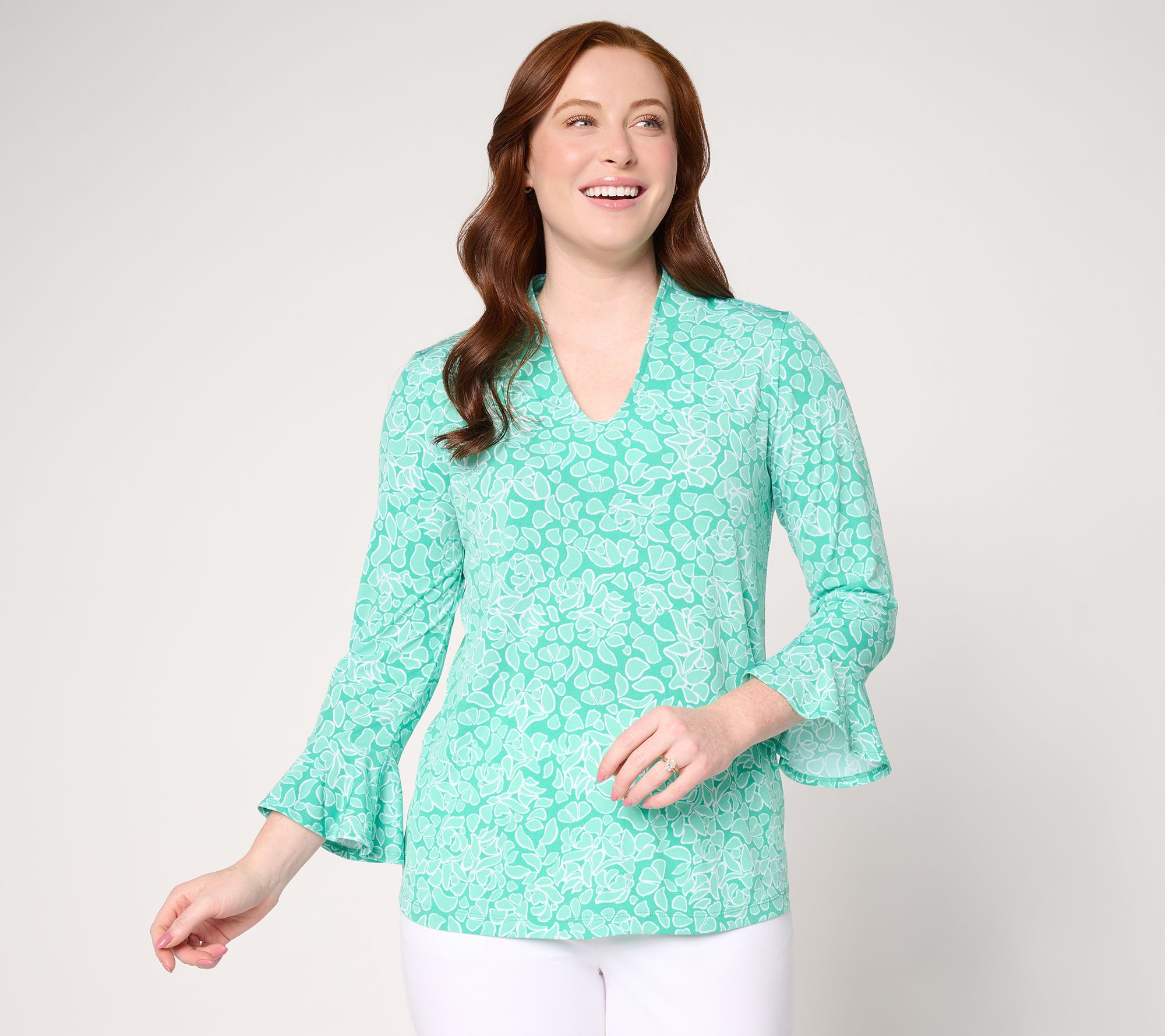 "As Is" Susan Graver Printed Liquid Knit Voop-Neck Top Flutter Sleeves