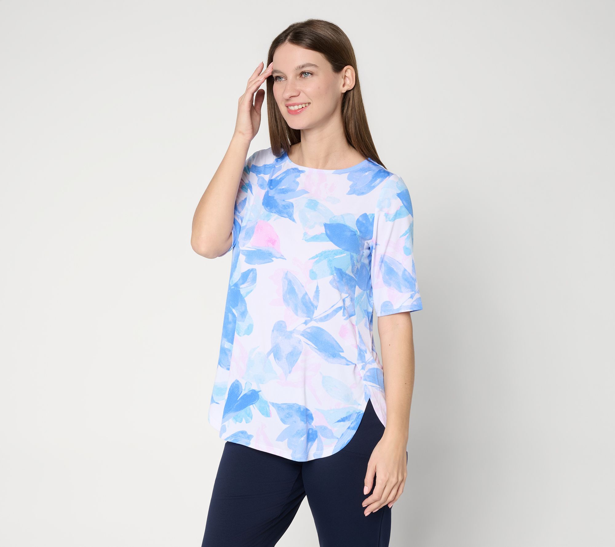 "As Is" Susan Graver Petite Printed Liquid Knit Tunic with Shirttail Hem