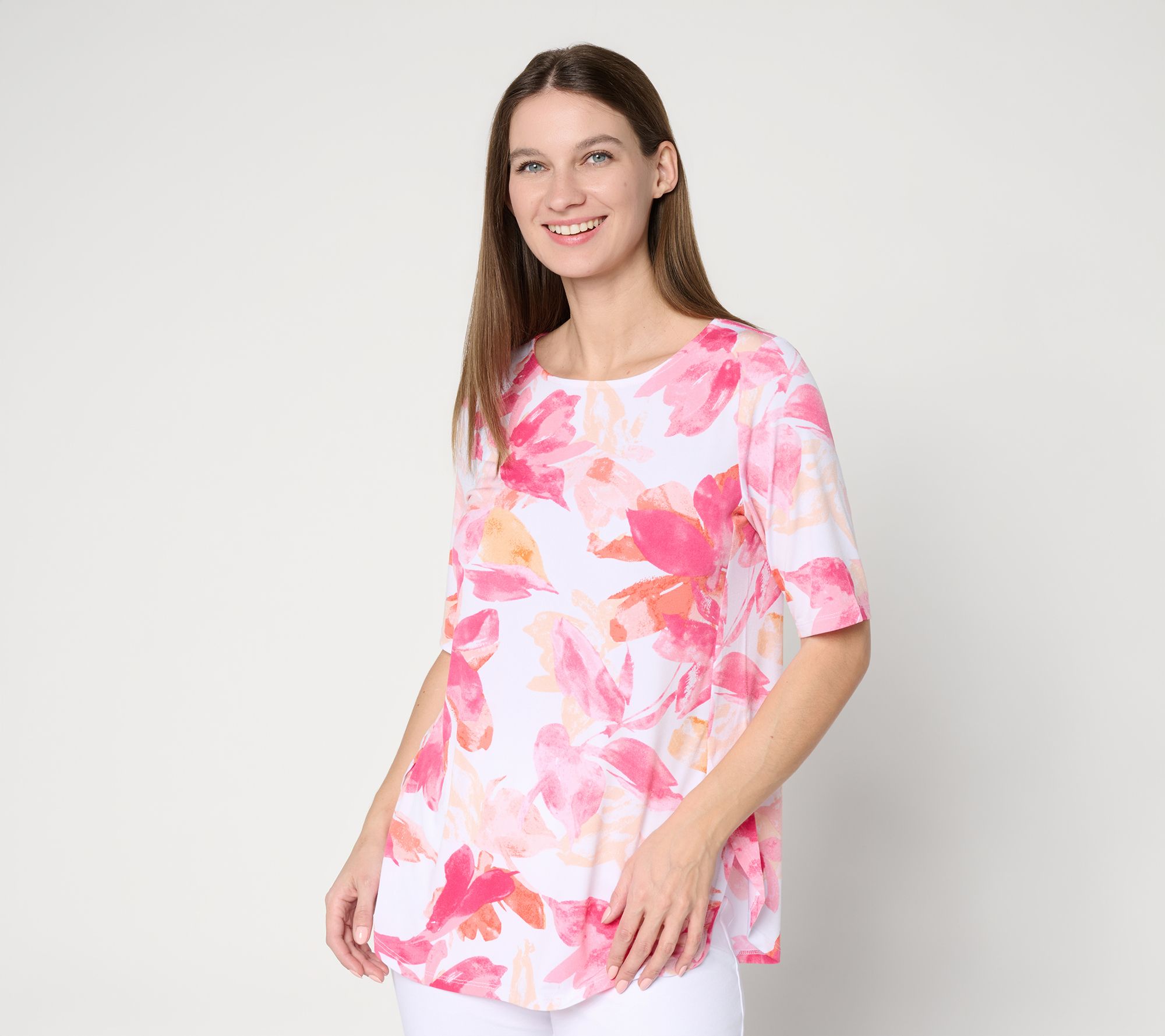 "As Is" Susan Graver Petite Printed Liquid Knit Tunic with Shirttail Hem