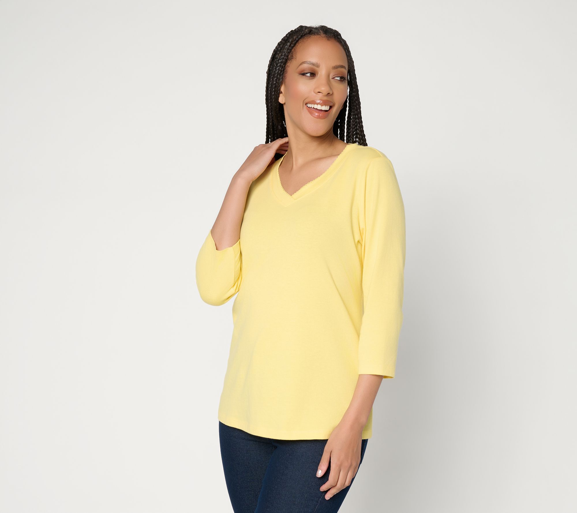 "As Is" Denim & Co. Essentials True Cotton 3/4 Sleeve Top with Trim Detail