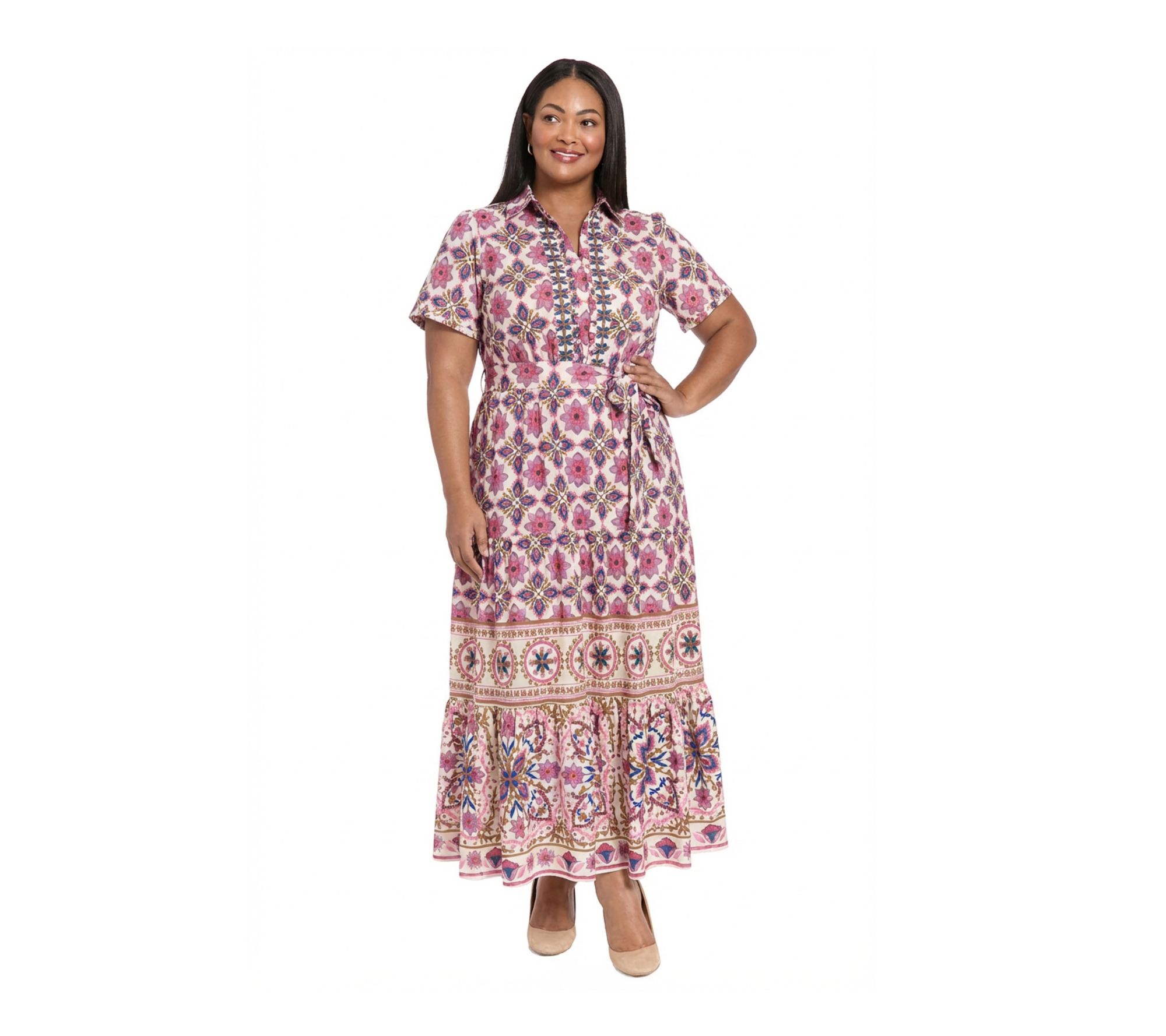 London Times Plus Ruffle Neck Tiered Maxi W/ Sash