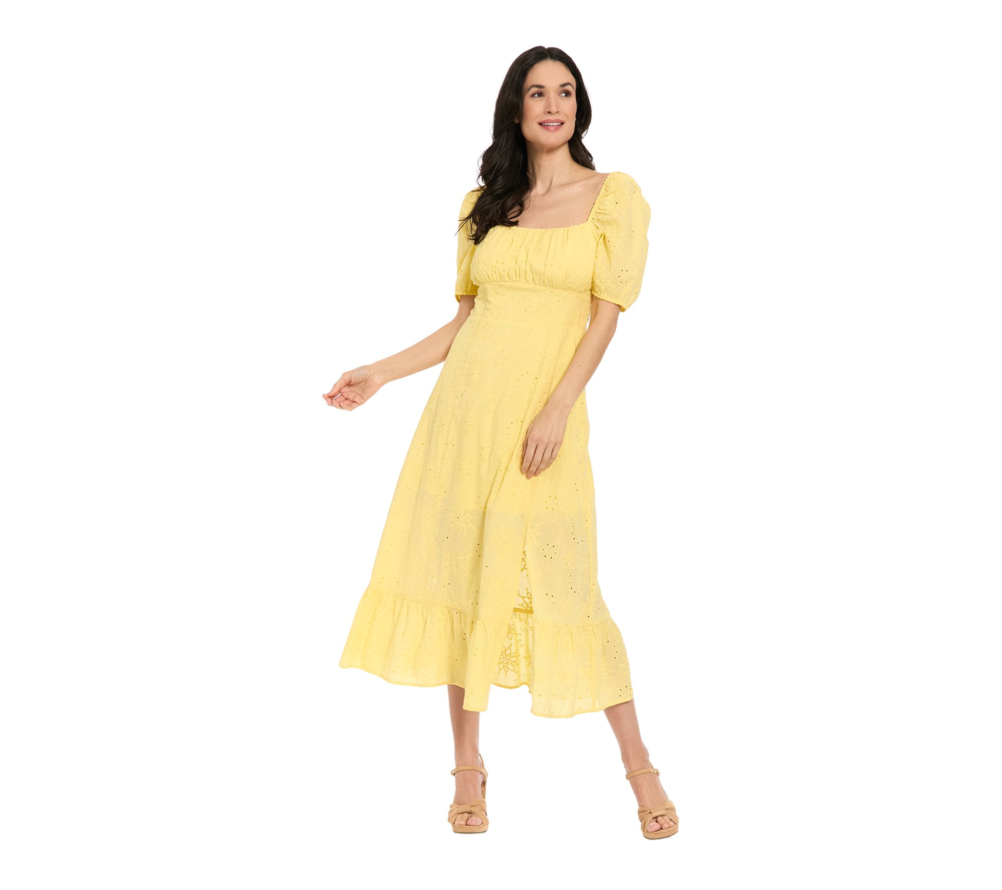 London Times Puff Sleeve Square Neck Empire Smocked Back