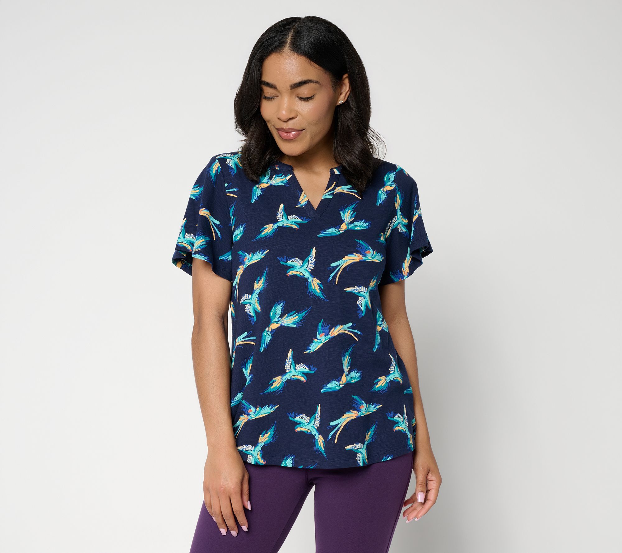 "As Is" Denim & Co. Printed Texture Knit Short Sleeve Split Neck Top