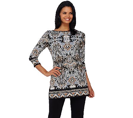 Susan Graver Printed Liquid Knit 3/4 Sleeve Tunic - Page 1 — QVC.com