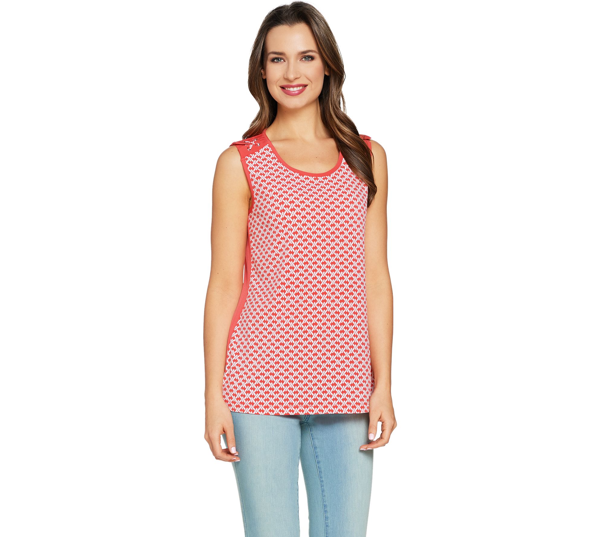 Susan Graver Printed Liquid Knit Sleeveless Top with Lacing - QVC.com