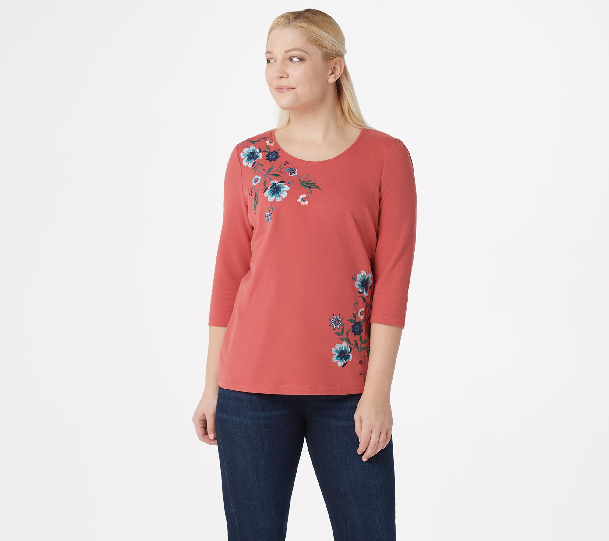Denim & Co. French Terry 3/4-Sleeve Top with Embroidery - QVC.com