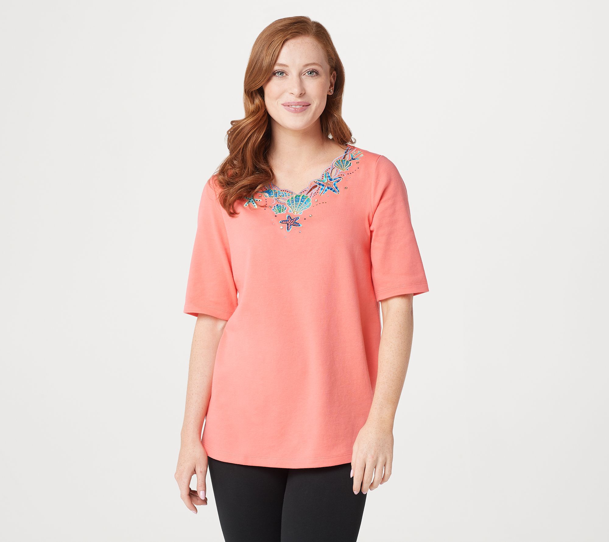 "As Is" Quacker Factory Embroidered Seashell Cutout Knit Top