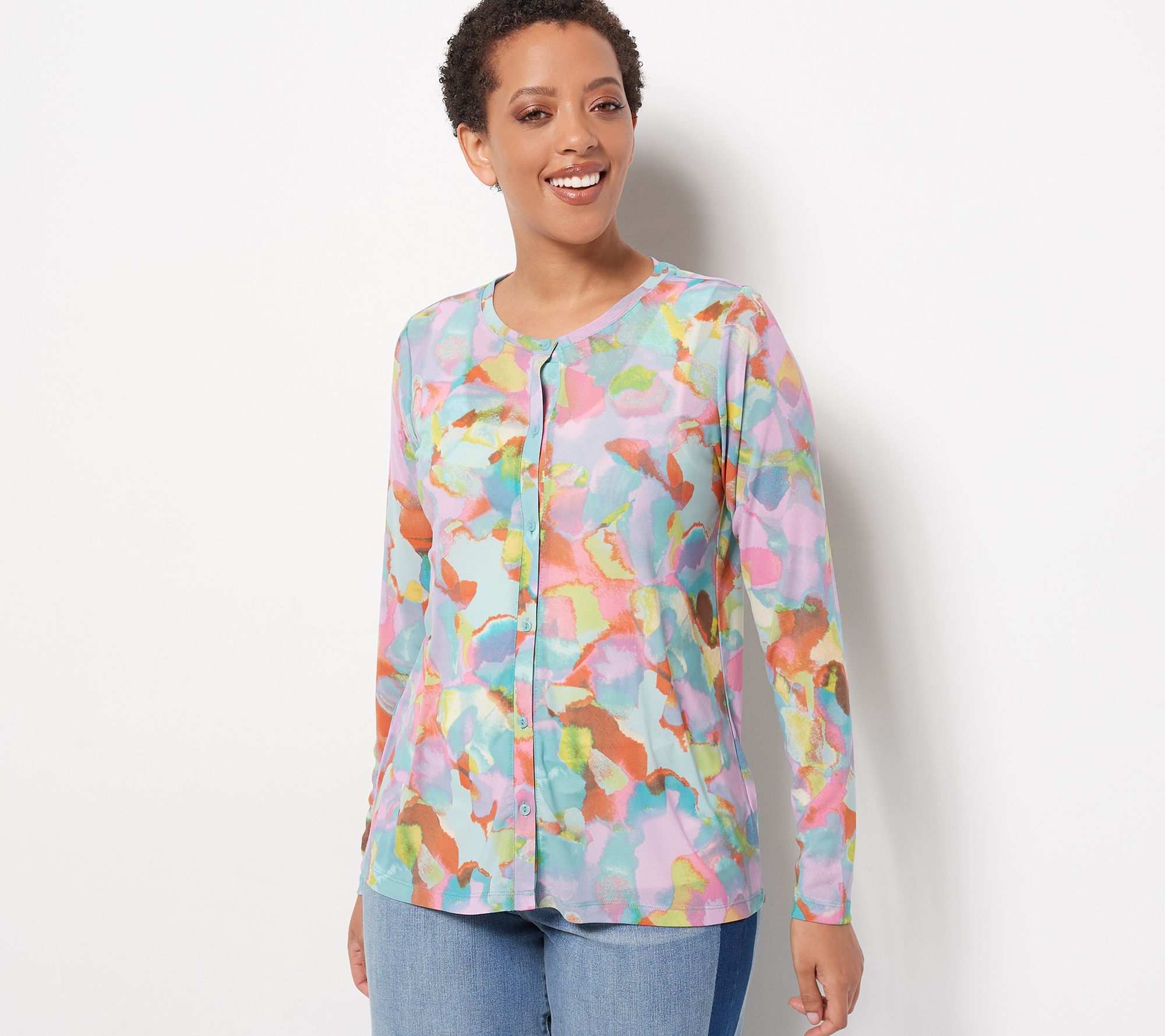 LOGO Layers by Lori Goldstein Watercolor Printed Mesh Cardigan