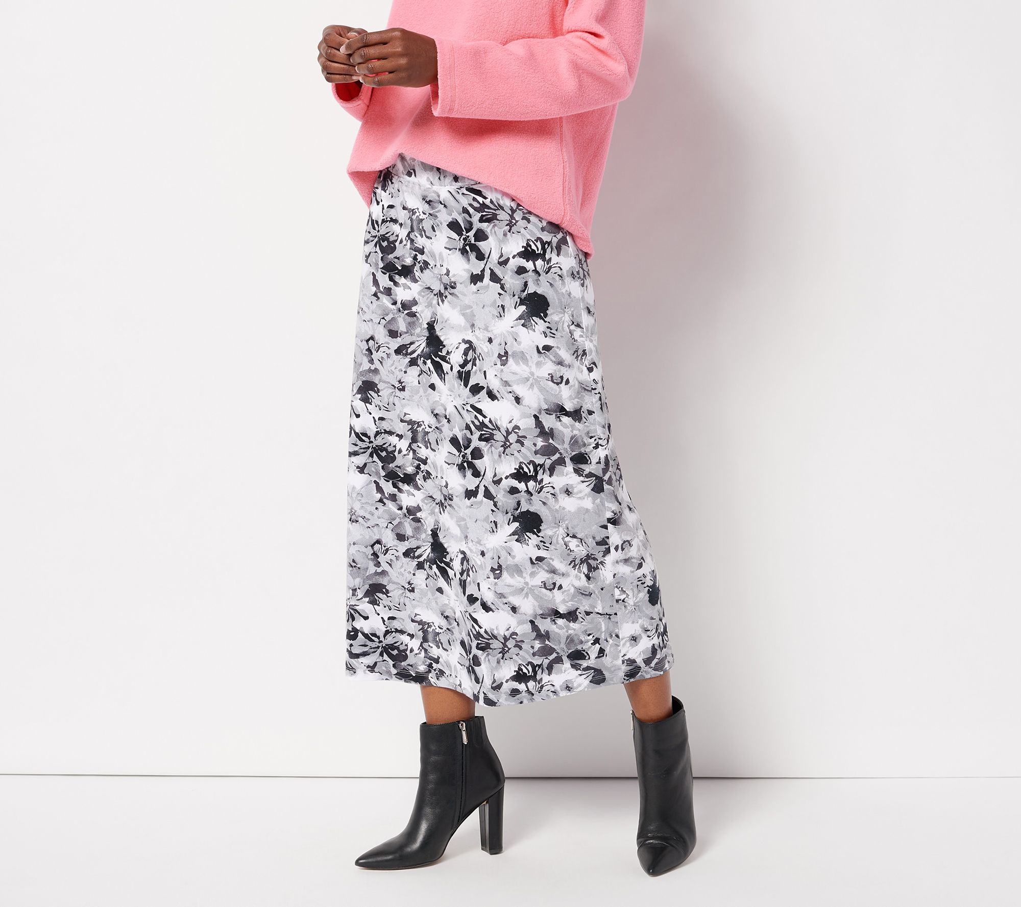 Denim & Co. Regular Floral Printed Jersey A-Line Midi Skirt