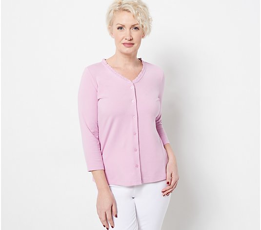 Isaac Mizrahi Live! Button Front Knit Top with Ruffle Neck